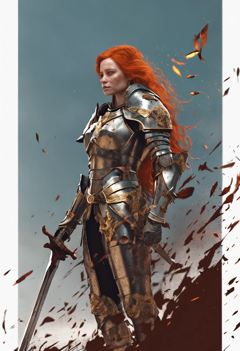 Ginger Female Holy Knight wearing full plate armor detailed, Badly damaged armor, Standing on the battlefield sad, Set against the backdrop of the battlefield of fire, dirt, Suffering and decadence, ambiente dark, Mschiffer's artwork, Quaternion,
