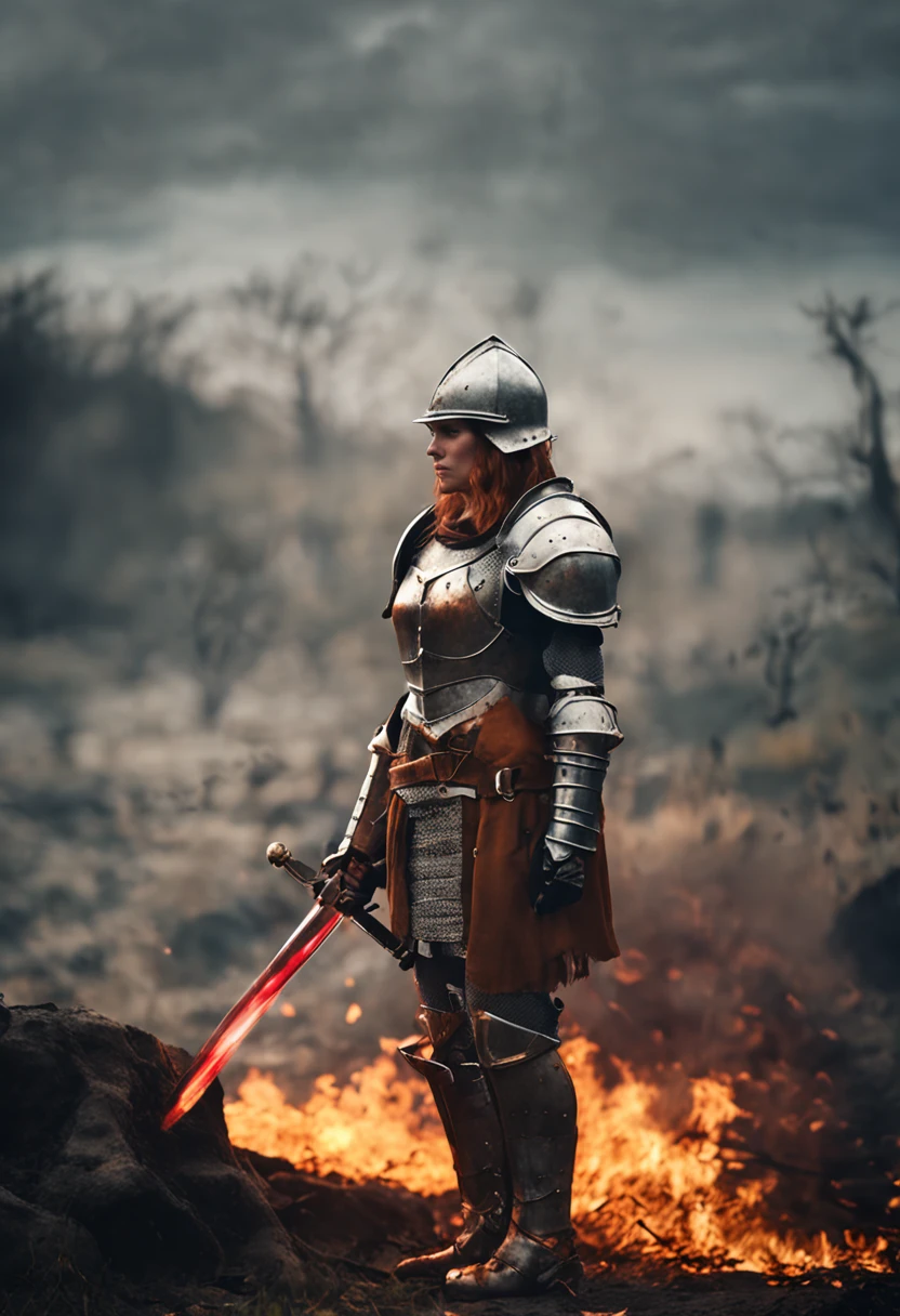 A man in armor standing in front of a fire with a sword - SeaArt AI