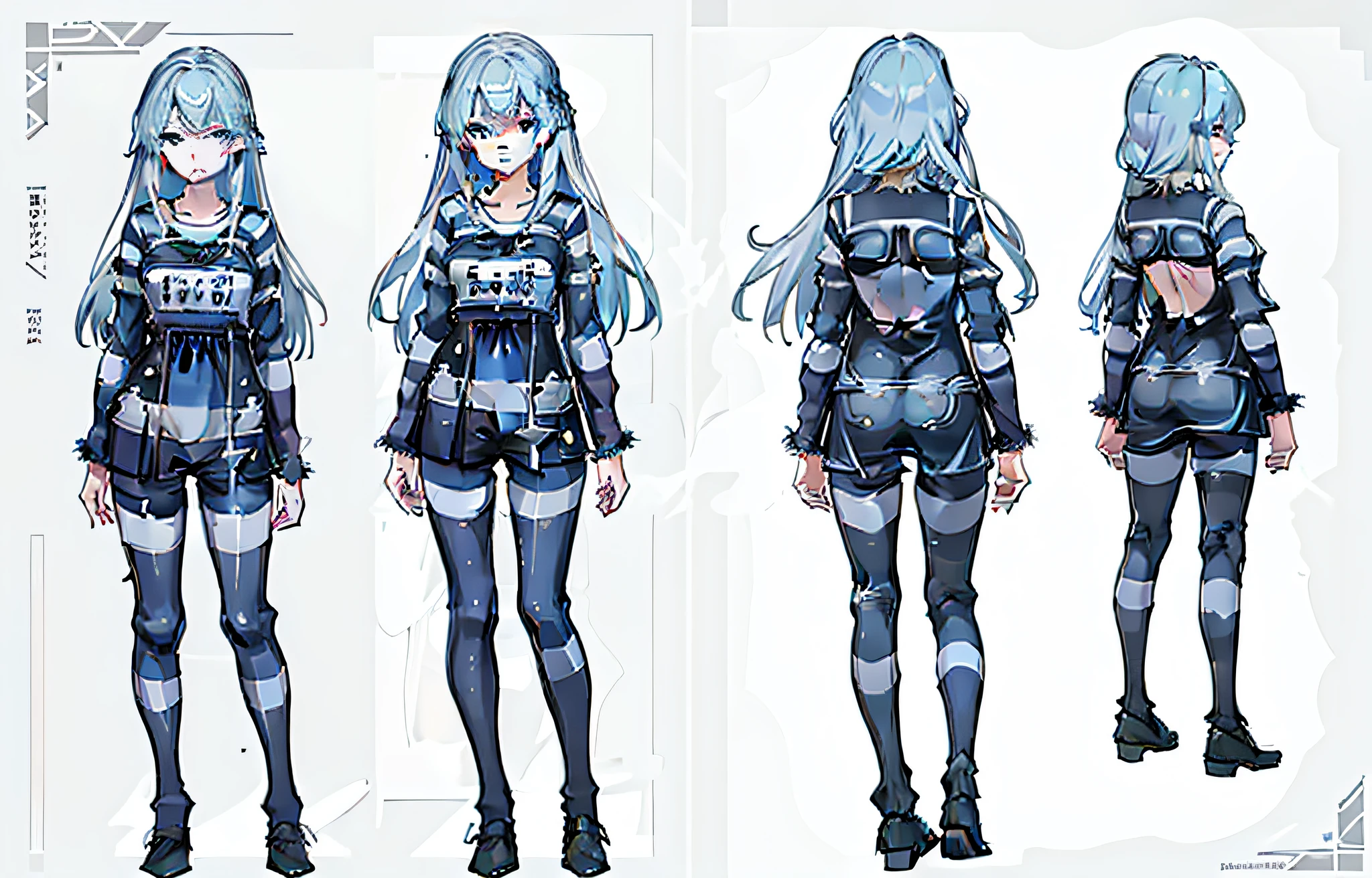 1girl, reference sheet, (fantasy character design, front, back, side) tall, magical blue eyes, lengthy blond hair, ((priclothes)), ((striped clothes)), prisoner, clothes, clothing, outfit, shirt, long sleeves, pants,