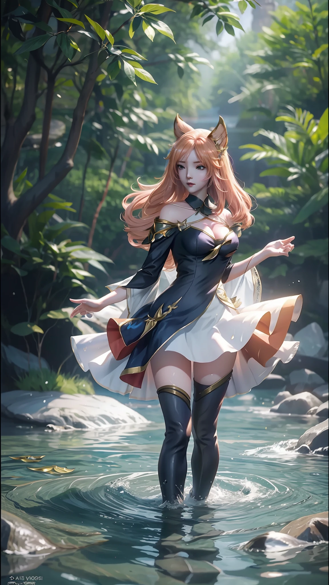 Arapei in a dress stands in the water, Anime girl walking on water, closeup fantasy with water magic, azur lane style, trending on cgstation, Anime girl cosplay, seraphine ahri kda, Splash art anime , trending at cgstation, realistic water, water fairy, WLOP and Sakimichan
