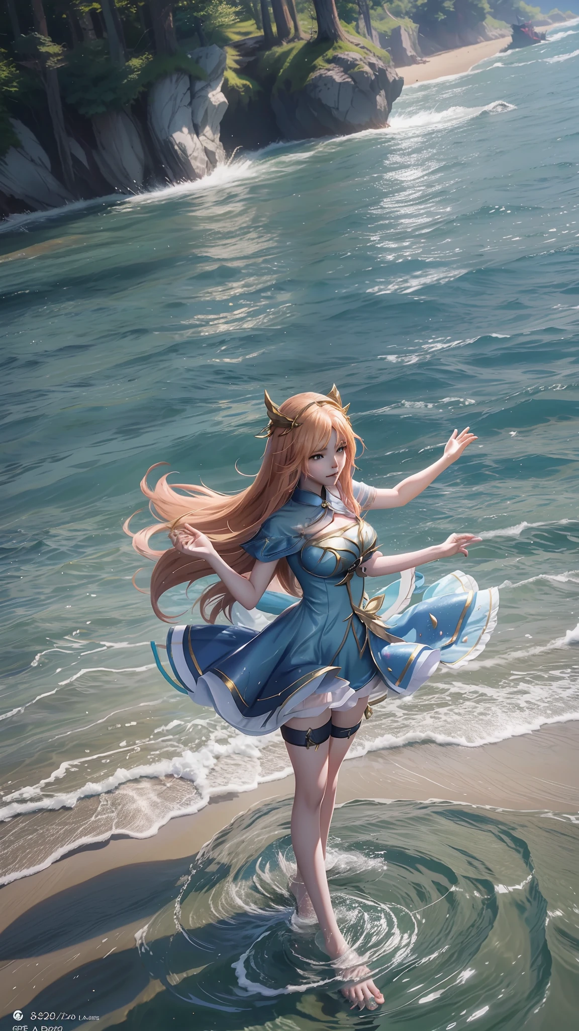 Arapei in a dress stands in the water, Anime girl walking on water, closeup fantasy with water magic, azur lane style, trending on cgstation, Anime girl cosplay, seraphine ahri kda, Splash art anime Loli, trending at cgstation, realistic water, water fairy, WLOP and Sakimichan