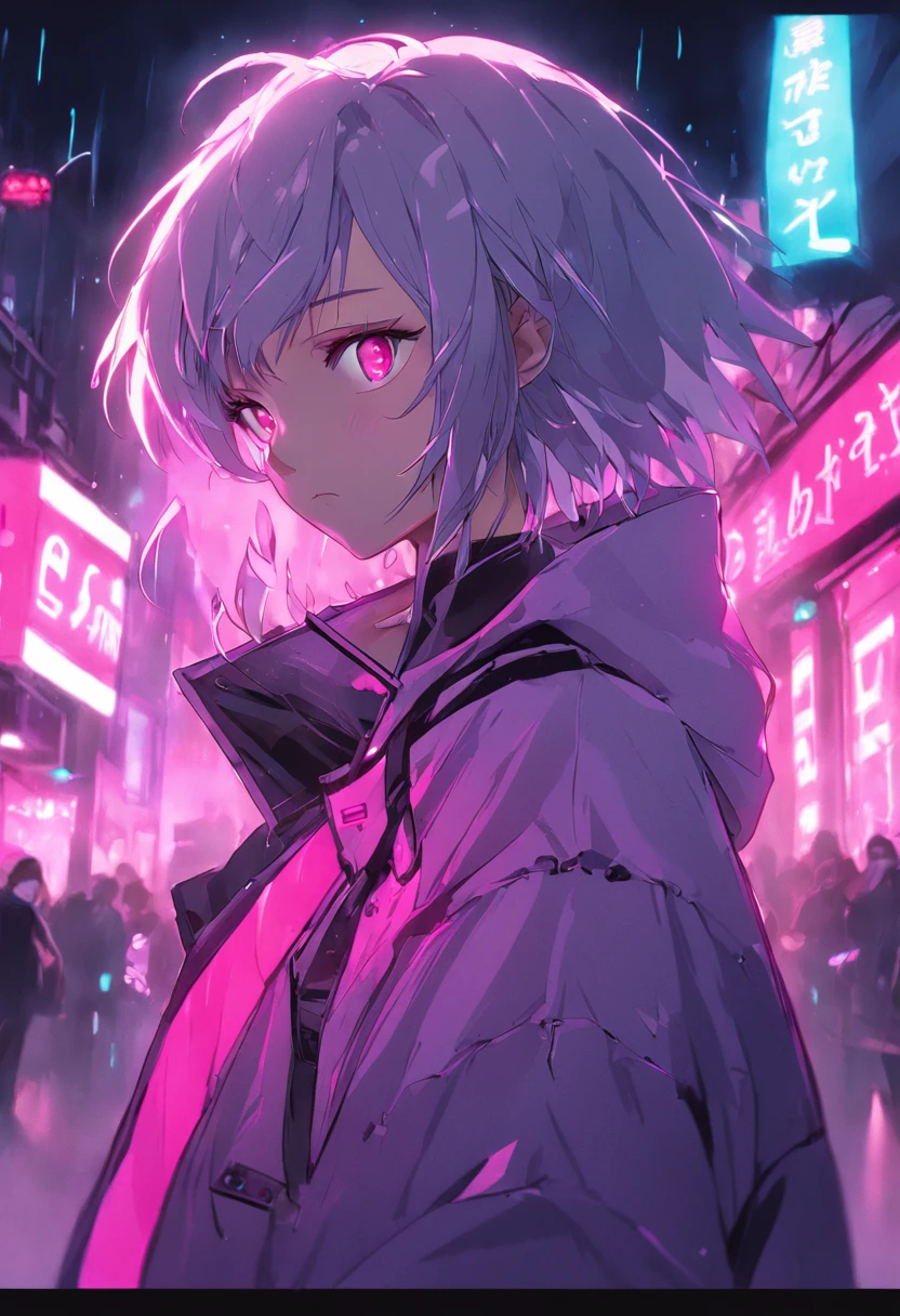 (masterpiece, best quality, night, silver hair:1.4), (cowboy shot:1.8), 8k, absurdres, beautiful girl, (wearable computer:1.6), cyberpunk, cyber goth, (cyberpunkoutfit, fluorescence pink accent, glowing pink lines on short jacket:1.4), neon, bracelets and choker, (glowing, glow, film grain, chromatic aberration:2), (asian shopping district, street, buildings, skyscraper:1.2), makeup, very small mechanical device, (cyan earrings:1.3), sharp focus, dark background, perspective, depth of field, (rain, fog, bleach bypass, HDR, facelight, sharp focus, dynamic lighting, cinematic lighting, professional shadow, extreme detailed, finely detail, real skin:0.8), (detailed eyes, sharp pupils, realistic pupils, dark back ground:0.6), (glitch effect:0.6)