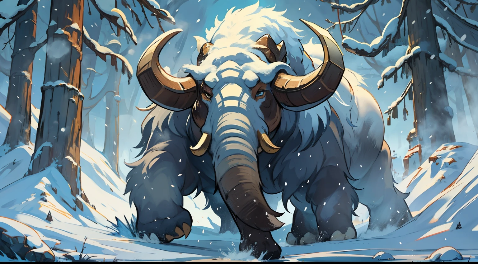 a magical mammoth fierce and powerful as an enemy a dungeon boss for RPG a large and fat mammoth animal creature beast with thick and powerful horns like a papamut like a white mammoth a powerful creature in the middle of a snow forest in a medieval blizzard RPG art