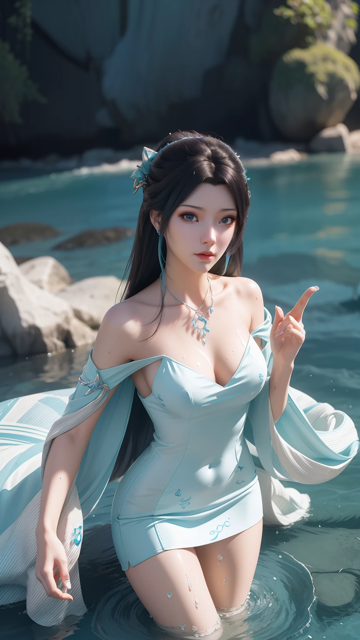 Arapei in a blue and white dress stood in the water, Anime girl walking on water, closeup fantasy with water magic, azur lane style, trending on cgstation, Anime girl cosplay, seraphine ahri kda, Splash art anime , trending at cgstation, realistic water, water fairy, WLOP and Sakimichan