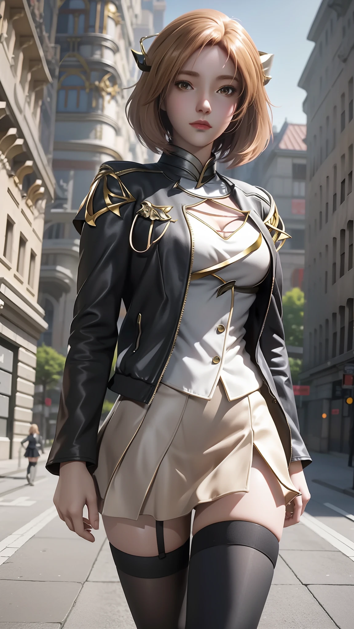 There is a woman in a short skirt and jacket posing for a photo, Surrealism female students, Surrealism female students, Realistic schoolgirl, photorealistic anime girl rendering, small curvaceous ****, thighhighs and skirt, 3 d anime realistic, highly detailed giantess shot, Photorealistic anime, photorealistic full body, [ 4 K photorealism ]!!