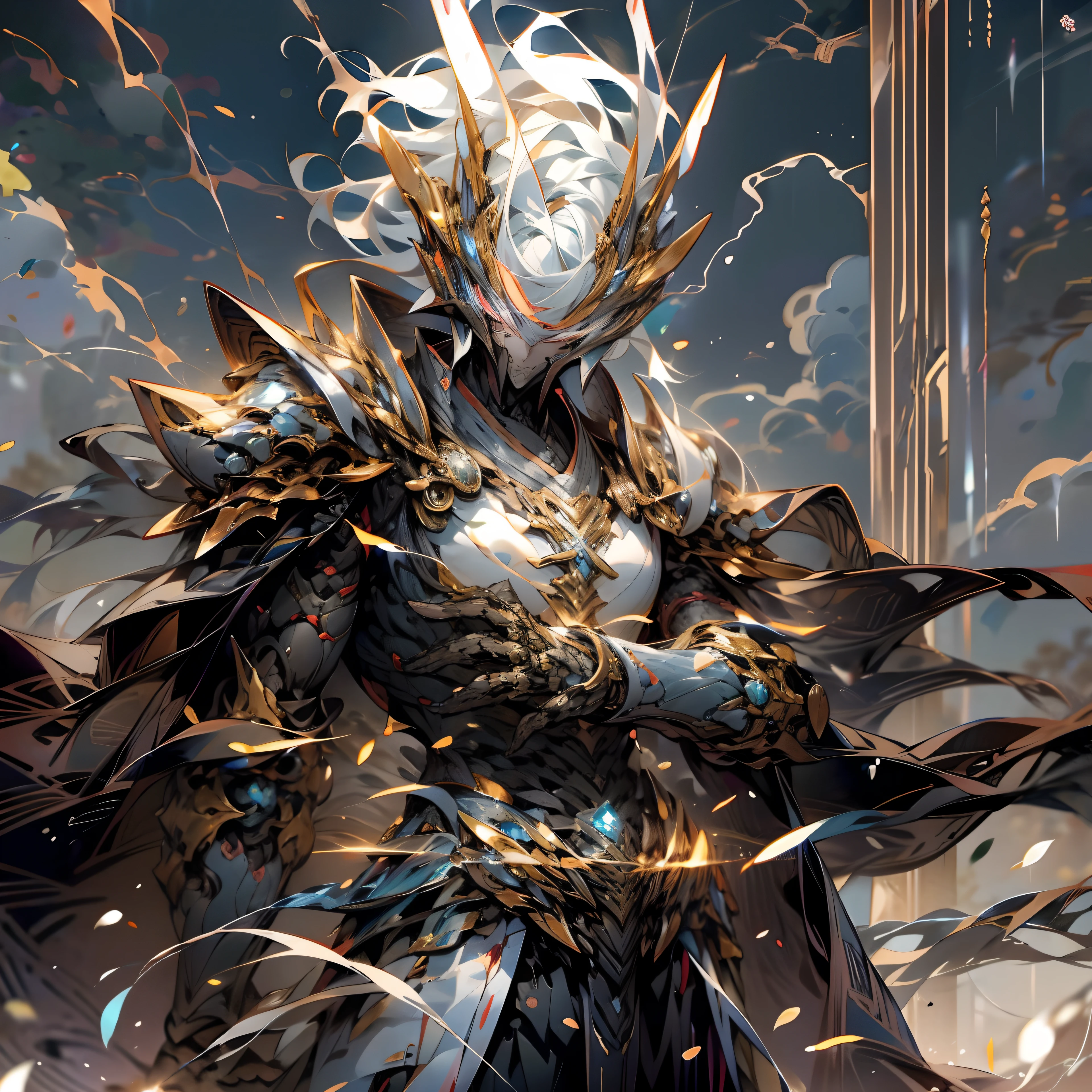 Nichimanga style, Zen ZEN, 1 man, delicate face, wearing armor, surrounded by Chinese characters, with lightning bolts on his body, a divine dragon behind his back, perfect hands, normal fingers, zen