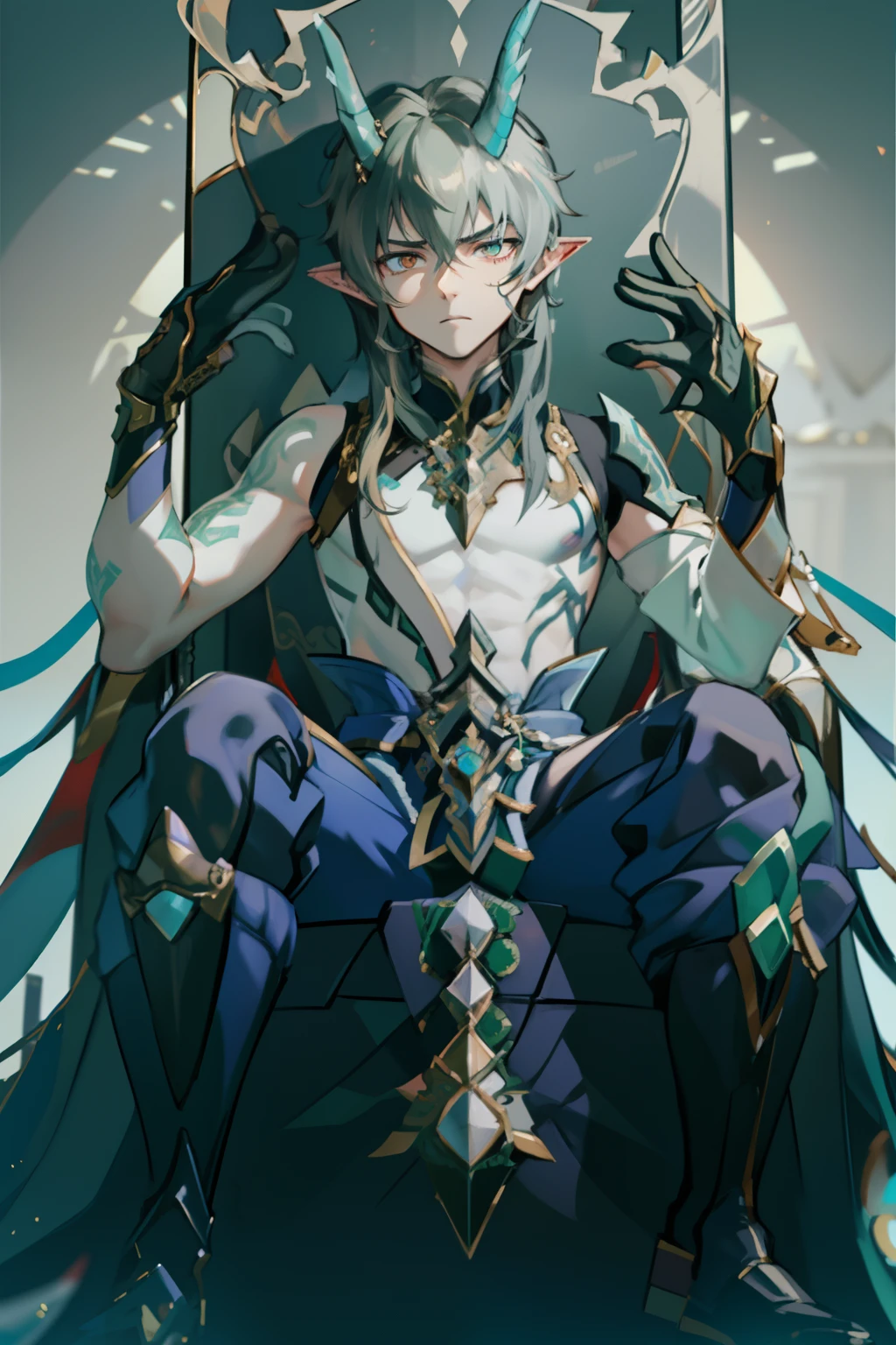 (absurderes,A high resolution,Hyper-detailing,hdr),Dragon's horn,younge boy,tmasterpiece,best qualtiy,1人,独奏,Handsome,Golden eyes,Fine eyes and detailed face,toppless,Tattooed with,arma,seated on a throne,Indifferent and arrogant,Abs,chest muscle,Raised sexy,Ruffian,Show your temperament,Male,masculine appeal,Male characteristics are distinct,Long messy hair,Arrogant,self-assured,Sitting majestically on the throne,Pondering,Legs crossed,white pantie,supreme,Lazy,Handsome,
