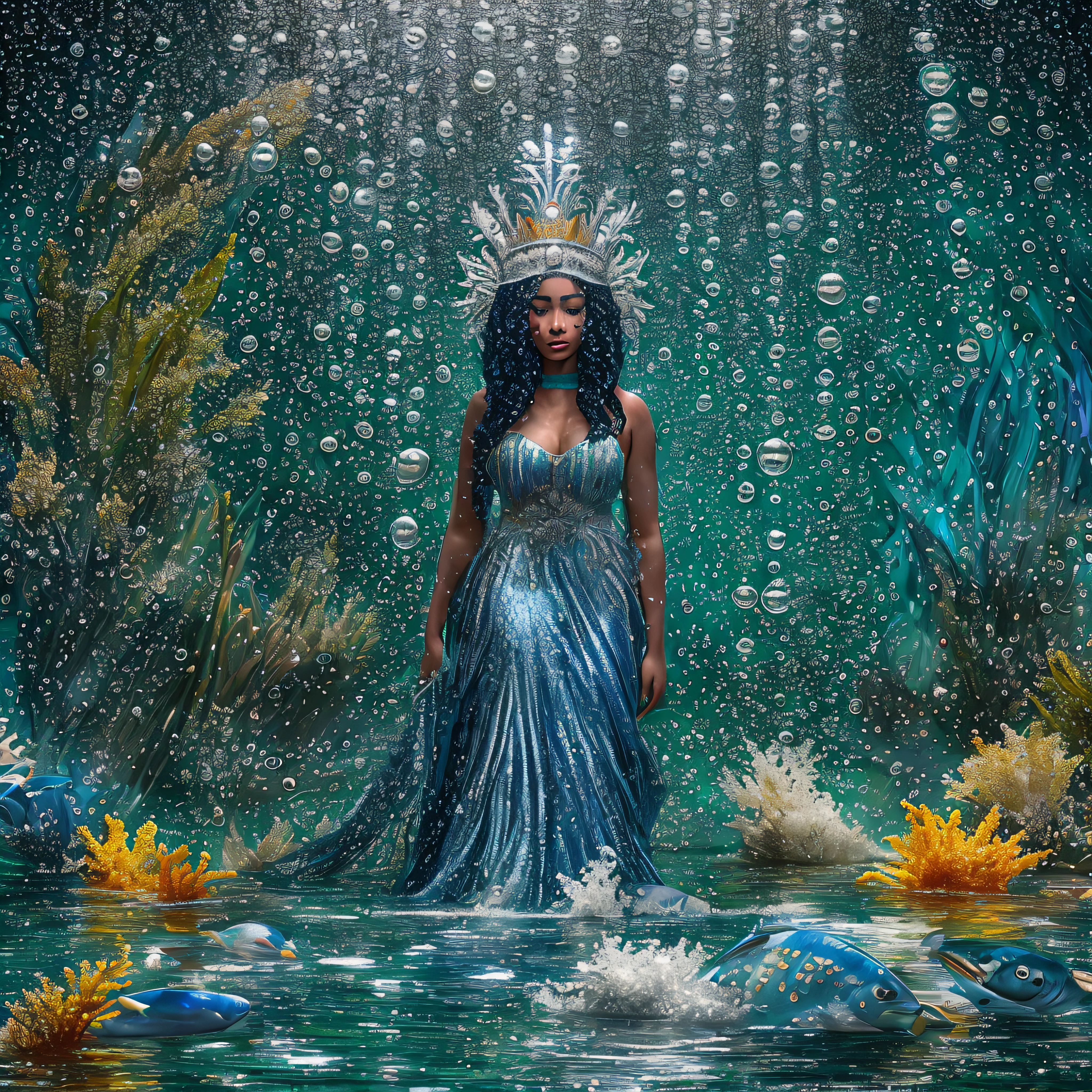 Crie uma imagem de (Yemanja) com seios fartos e usando um vestido azul e longos cabelos pretos, com enfeites de peixes e conchas, since it is the queen of the sea with blank details, o azul-claro, o verde e o prateado. She holds a silver mirror in her hands, the tool of Yemanja. Walking on the waters of the sea, sol se pondo ao fundo, volumeric lighting, water droplets in the atmosphere reflecting the colors of the rainbow, Image with a frame of multicolored orchids. Image with resolution of at least 300dpi, realista, 8k, UHD,