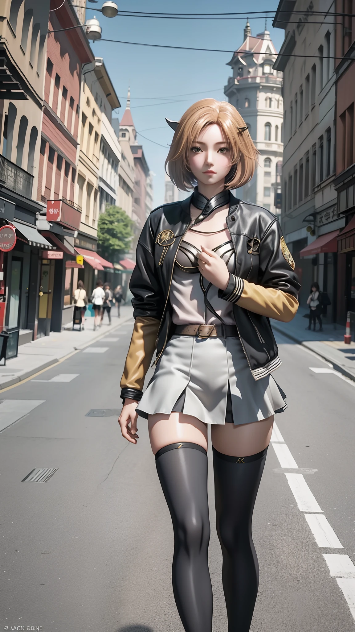 There is a woman in a short skirt and jacket posing for a photo, Surrealism female students, Surrealism female students, Realistic schoolgirl, photorealistic anime girl rendering, small curvaceous loli, thighhighs and skirt, 3 d anime realistic, highly detailed giantess shot, Photorealistic anime, photorealistic full body, [ 4 K photorealism ]!!