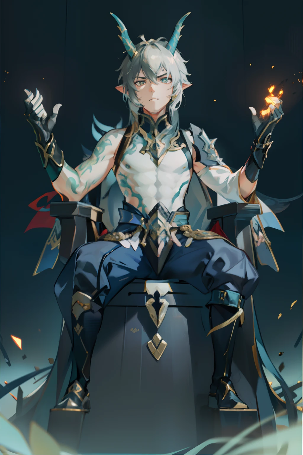 (absurderes,A high resolution,Hyper-detailing,hdr),Dragon's horn,younge boy,tmasterpiece,best qualtiy,1人,独奏,Handsome,Golden eyes,Fine eyes and detailed face,toppless,Tattooed with,arma,seated on a throne,Indifferent and arrogant,Abs,chest muscle,Raised sexy,Ruffian,Show your temperament,Male,masculine appeal,Male characteristics are distinct,Long messy hair,Arrogant,self-assured,Sitting majestically on the throne,Pondering,Legs crossed,white pantie,supreme,Lazy,Handsome,