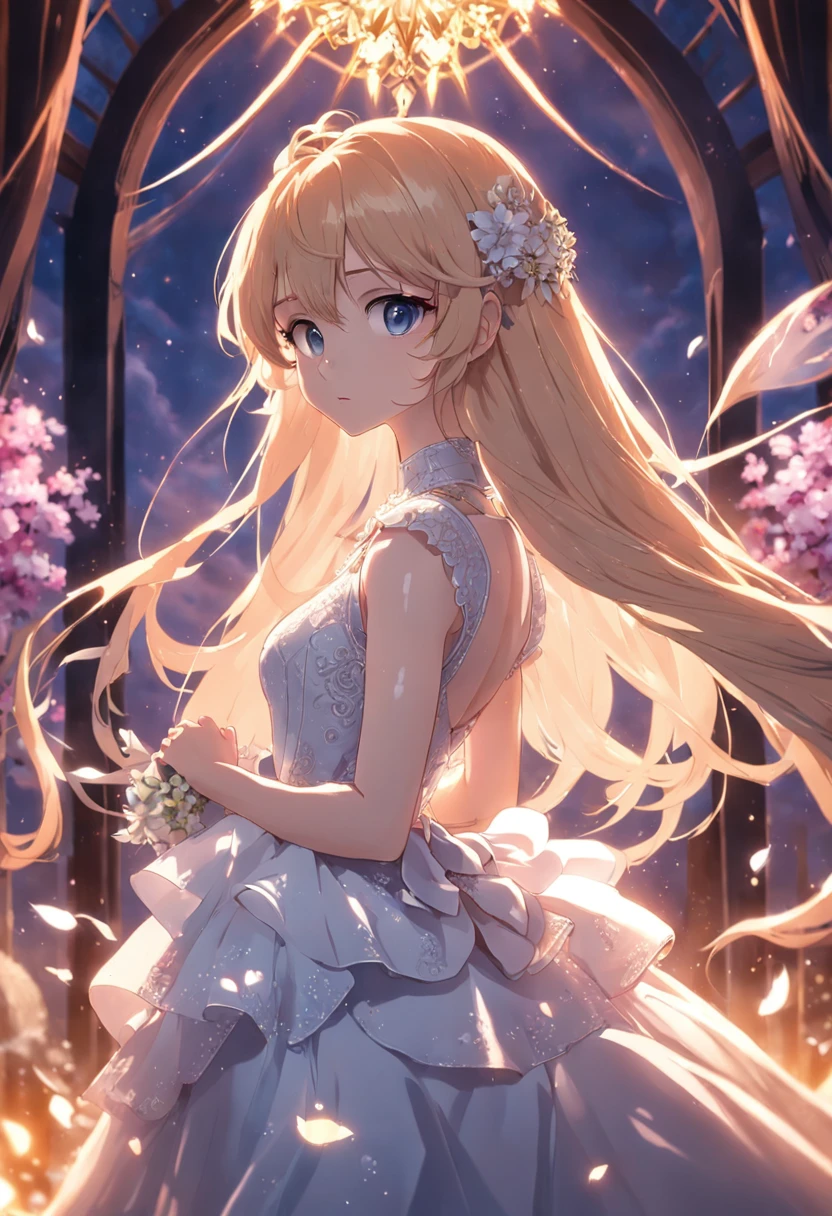 (best qualtiy)), ((tmasterpiece)) wedding princess dress, ray of lights, lens flare glow, White petals, Long coated cat, exotic