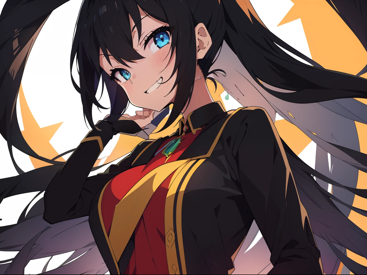 bright look,The smile is bright,Long black hair shawl。She loves to tease,And with a smug look。You can wear brightly colored court costumes。
