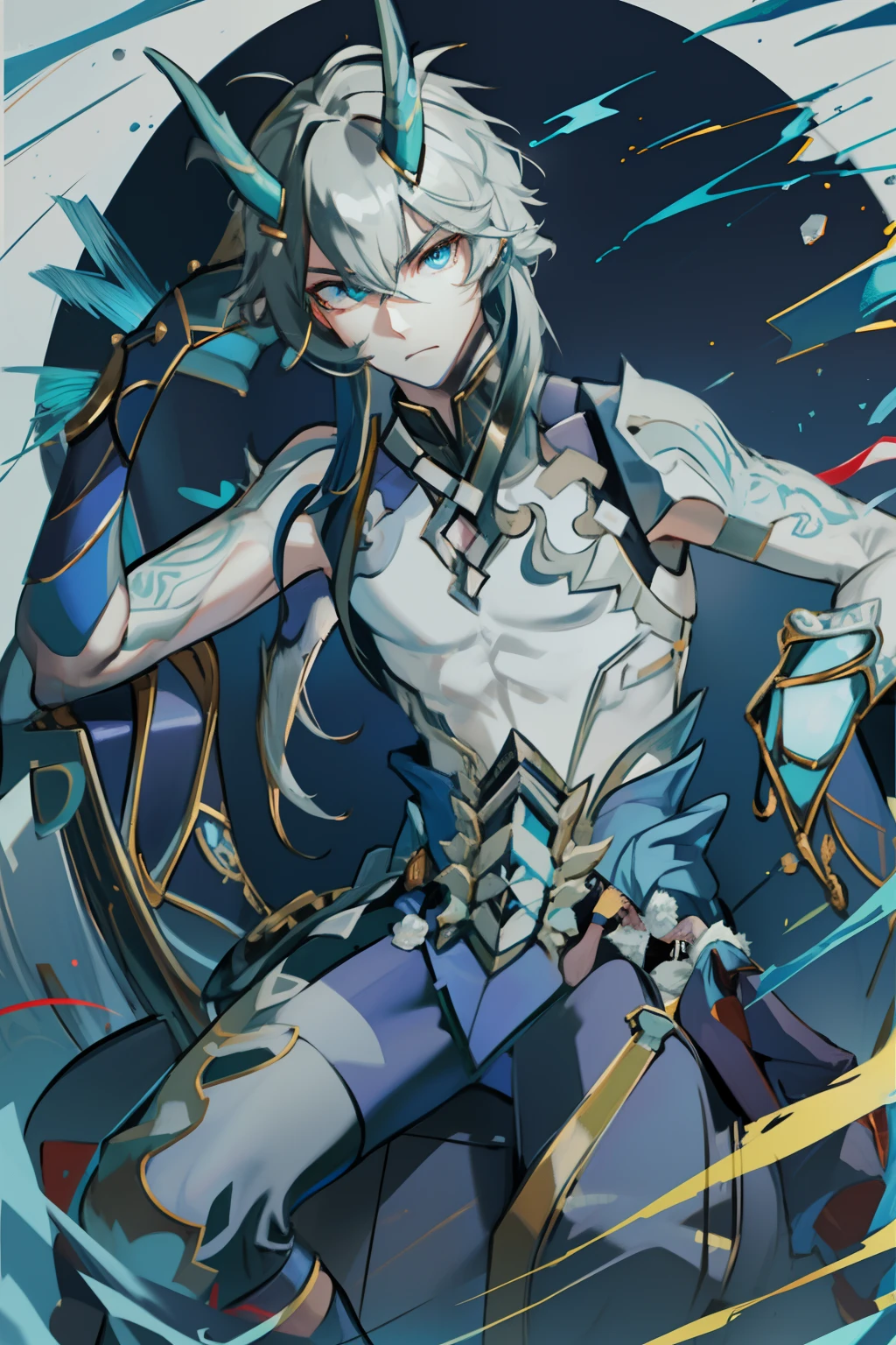(absurderes,A high resolution,Hyper-detailing,hdr),Dragon's horn,younge boy,tmasterpiece,best qualtiy,1人,独奏,Handsome,Golden eyes,Fine eyes and detailed face,toppless,Tattooed with,arma,seated on a throne,Indifferent and arrogant,Abs,chest muscle,Raised sexy,Ruffian,Show your temperament,Male,masculine appeal,Male characteristics are distinct,Long messy hair,Arrogant,self-assured,Sitting majestically on the throne,Pondering,Legs crossed,white pantie,supreme,Lazy,Handsome,