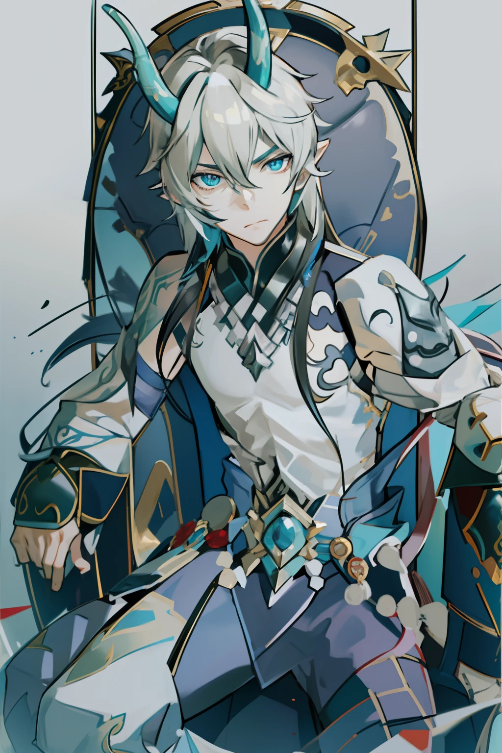 (absurderes,A high resolution,Hyper-detailing,hdr),Dragon's horn,younge boy,tmasterpiece,best qualtiy,1人,独奏,Handsome,Golden eyes,Fine eyes and detailed face,toppless,Tattooed with,arma,seated on a throne,Indifferent and arrogant,Abs,chest muscle,Raised sexy,Ruffian,Show your temperament,Male,masculine appeal,Male characteristics are distinct,Long messy hair,Arrogant,self-assured,Sitting majestically on the throne,Pondering,Legs crossed,white pantie,supreme,Lazy,Handsome,