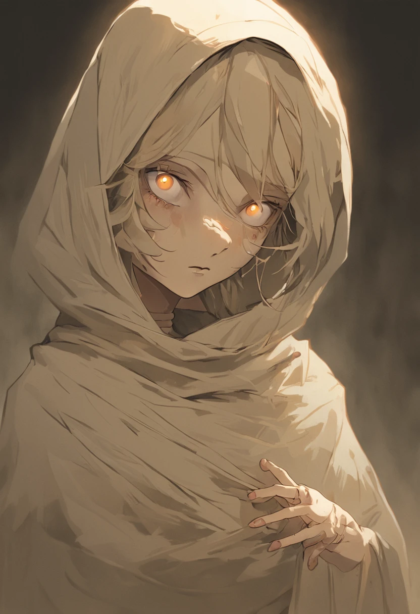 (flat color:1.4),1girl, solo focus, mummy, mummy custom, her hair in wrapped and concealed under bandages, only a few loose strands or wisps peeking out, pale hair, ashen hair color, air of mystery, glowing eyes, ethereal eyes, yellow eyes, eerie yellow, almond eyes, elongated eyes, thin eyebrows, wispy eyebrows, covered lips under bandages, adorned in tattered, beige-colored bandages that wrap around her body,Portray the mummy girl in a graceful and slightly haunting pose, ancient tomb, crumbling walls, hieroglyphs, muted tones, earthy tones, shades of brown, beige, and faded gold, soft lighting, diffused lighting, gentle shadows on the bandages, glowing symbols emanating from the mummy girl's body,