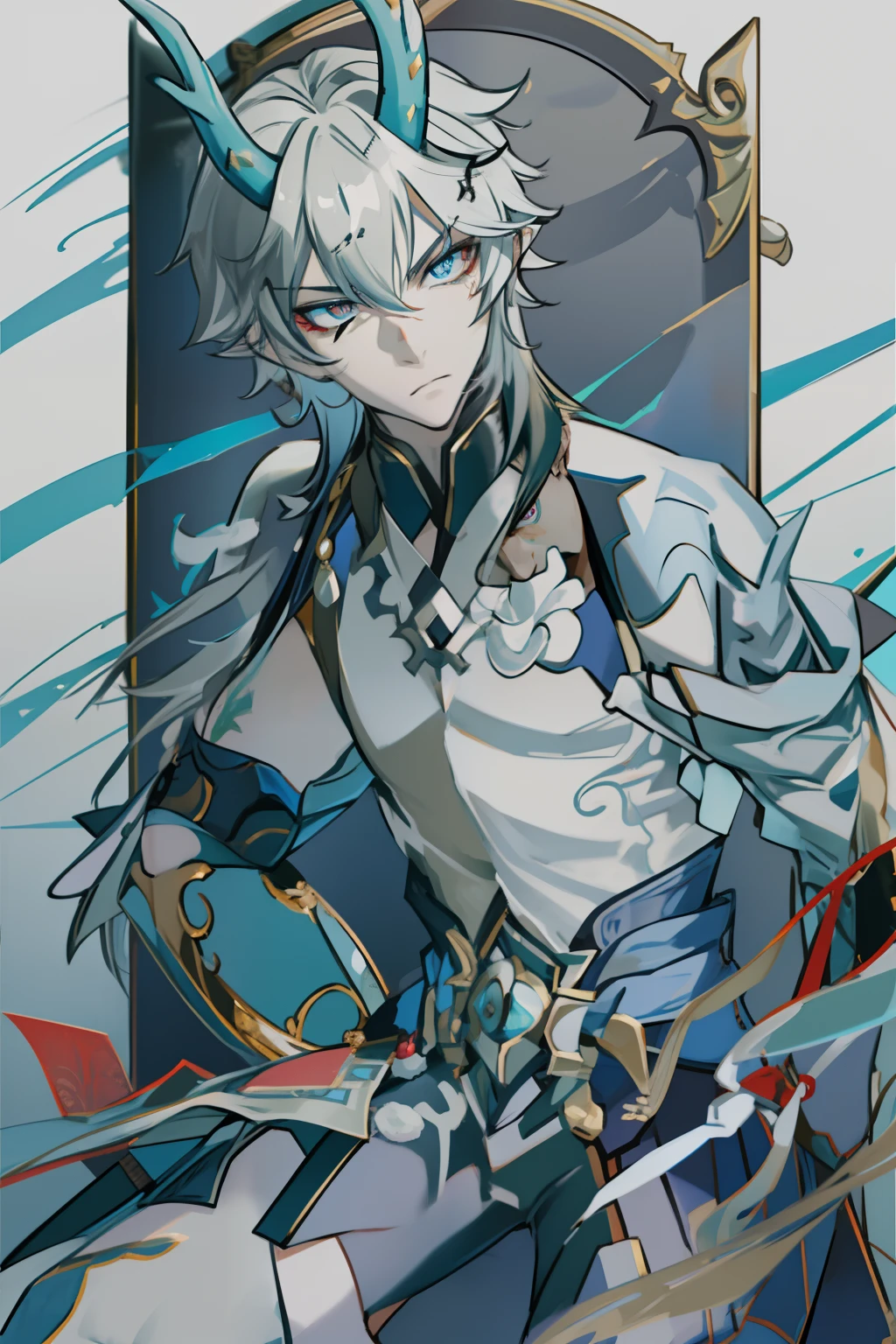 (absurderes,A high resolution,Hyper-detailing,hdr),Dragon's horn,younge boy,tmasterpiece,best qualtiy,1人,独奏,Handsome,Golden eyes,Fine eyes and detailed face,toppless,Tattooed with,arma,seated on a throne,Indifferent and arrogant,Abs,chest muscle,Raised sexy,Ruffian,Show your temperament,Male,masculine appeal,Male characteristics are distinct,Long messy hair,Arrogant,self-assured,Sitting majestically on the throne,Pondering,Legs crossed,white pantie,supreme,Lazy,Handsome,