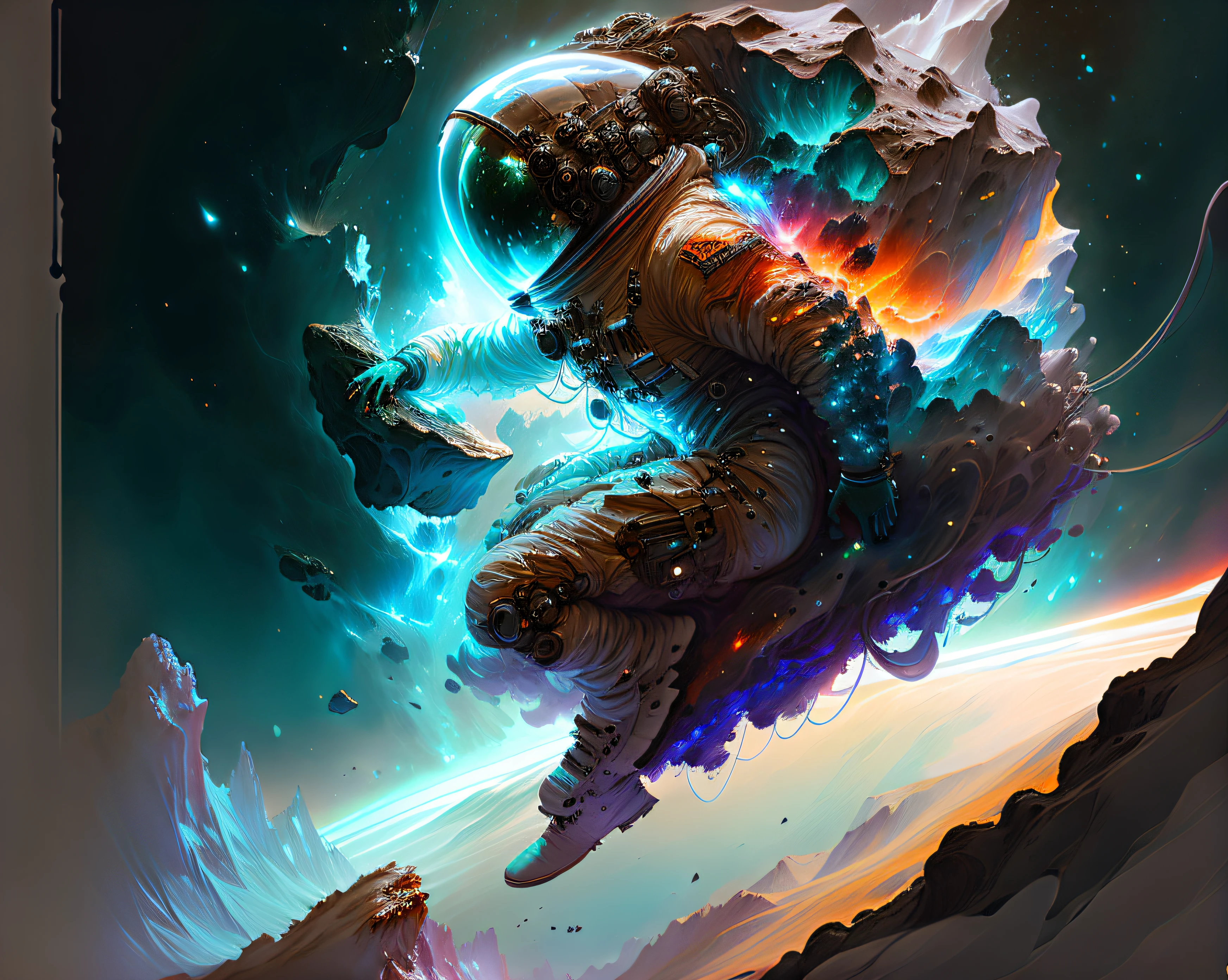 astronaut, climbing the asteroid, character render, ultra high quality model, ethereal background, abstract beauty, explosive volumetric, oil painting, heavy strokes, paint dripping