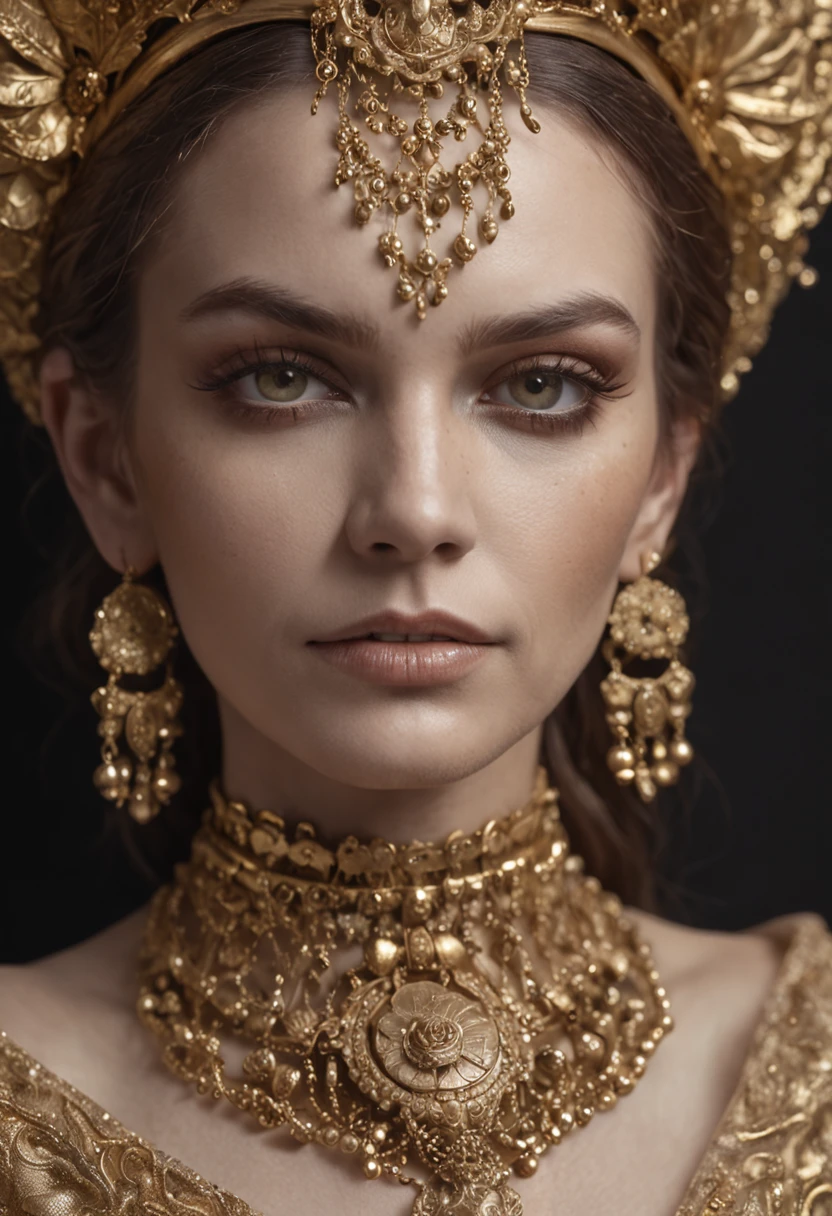 Supermodel with long curly curly fluid hair, vestindo dourado (translucent and intricately embroidered) (metallic surgical mask) cobrindo o rosto, ((boca obscurecida)), vestindo moda estranha do futuro, detalhes dourados luxuosos e intrincados, Cinematography, intrinsecamente detalhado, Crafted, meticuloso, Magnificent, maximum details, extremely hyper aesthetic, Bokeh, photoshoot profissional
