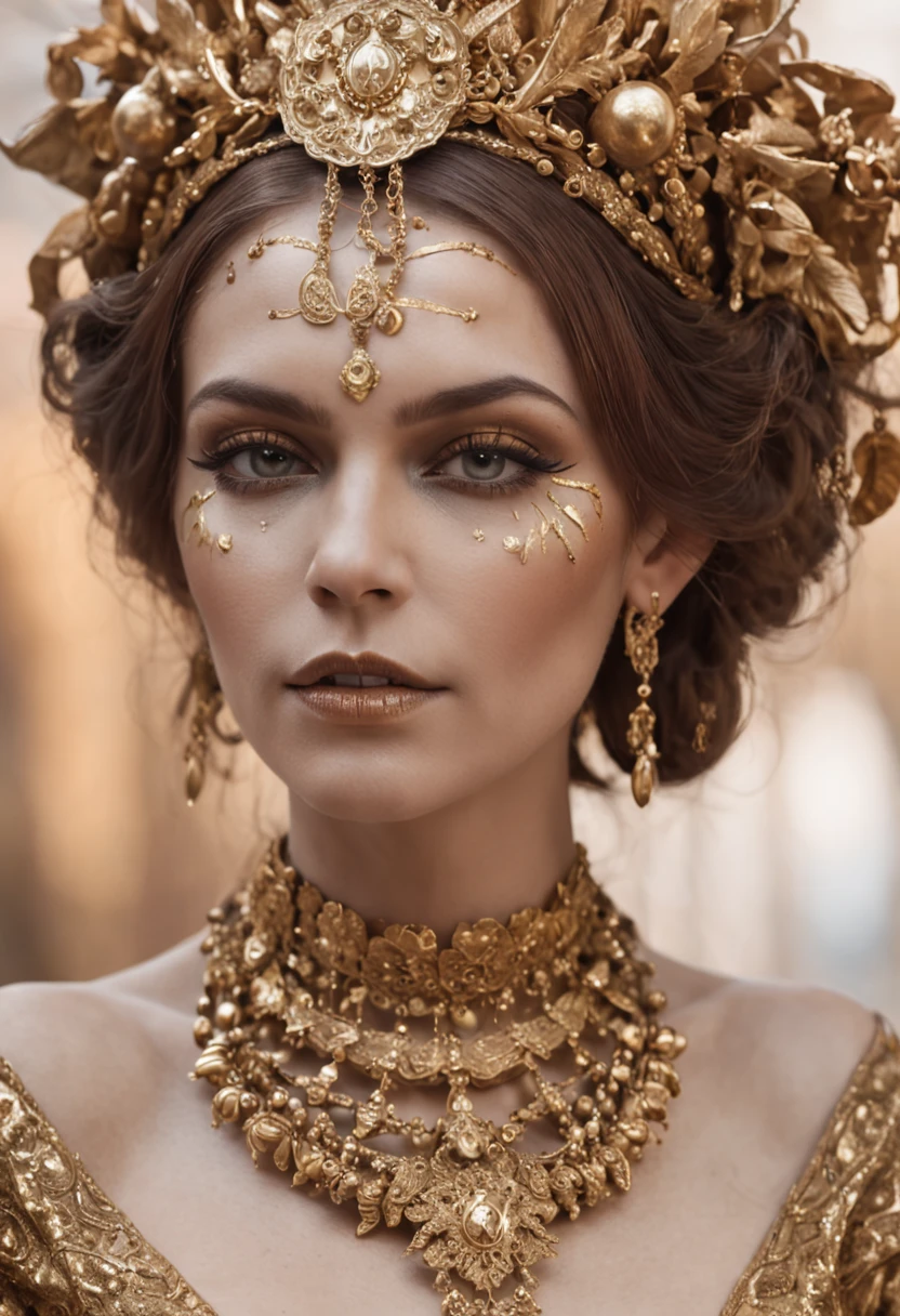 woman dressed golden and gold makeup,in the style of skull motifs,covered in luxurious jewelry, jewelry, luxury, dark white and dark bronze, jewelry by painters and sculptors,high details,realistic,ultra intricate detailing, 8k, Cinematic Lighting, cinematic