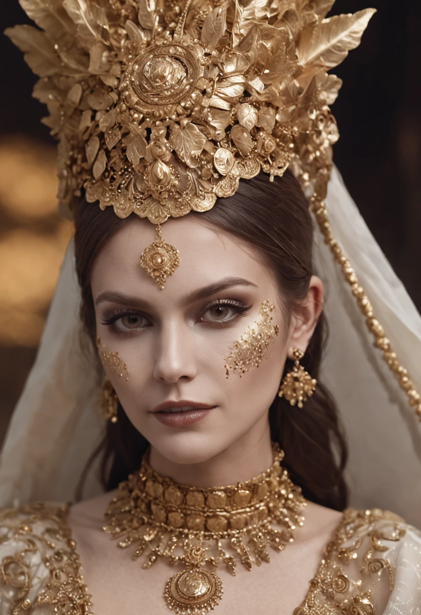 woman dressed golden and gold makeup,in the style of skull motifs,covered in luxurious jewelry, jewelry, luxury, dark white and dark bronze, jewelry by painters and sculptors,high details,realistic,ultra intricate detailing, 8k, Cinematic Lighting, cinematic