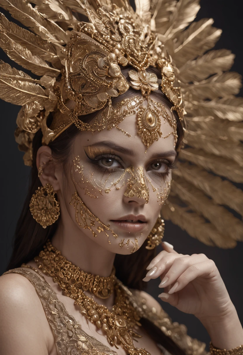 woman dressed golden and gold makeup,in the style of skull motifs,covered in luxurious jewelry, jewelry, luxury, dark white and dark bronze, jewelry by painters and sculptors,high details,realistic,ultra intricate detailing, 8k, Cinematic Lighting, cinematic
