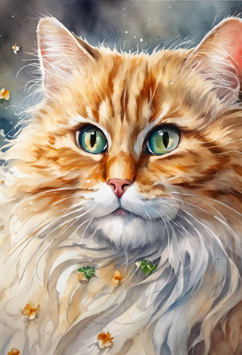 Artistic hightly detailed, portrait of an adorable cute fluffy cat in a cheese, wearing a smug smile, Miki Asai Macro photography, close-up, hyper detailed, trending on artstation, sharp focus, studio photo, intricate details, highly detailed, by greg rutkowski,watercolor