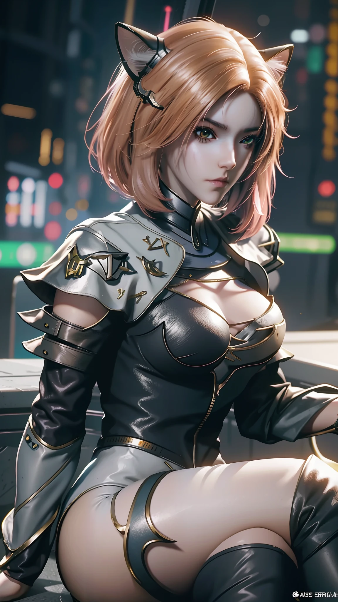 There is a woman sitting on a chair，Wearing a cat's costume, cyberpunk anime girl, female cyberpunk anime girl, cyber school girl, Cyberpunk 2 0 y. o model girl, dreamy cyberpunk girl, Digital cyberpunk anime art, muted cyberpunk style, Cyberpunk costumes, anime cyberpunk art, trending on cgstation, cyberpunk anime girl mech, cyberpunk anime art, cyberpunk femme fatale