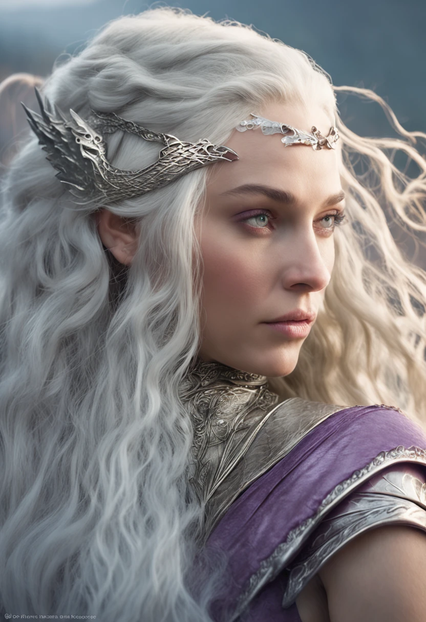 Daenerys Targaryen, remarkable and complex figure, dazzling beauty and majestic aura, long silver hair flowing like silk, intense violet eyes, exotic and captivating looking woman, Her skin is pale and immaculate, reflecting her noble lineage and purity of blood, She exudes an intriguing mix of power and vulnerability, mother of dragons, daughter of fire