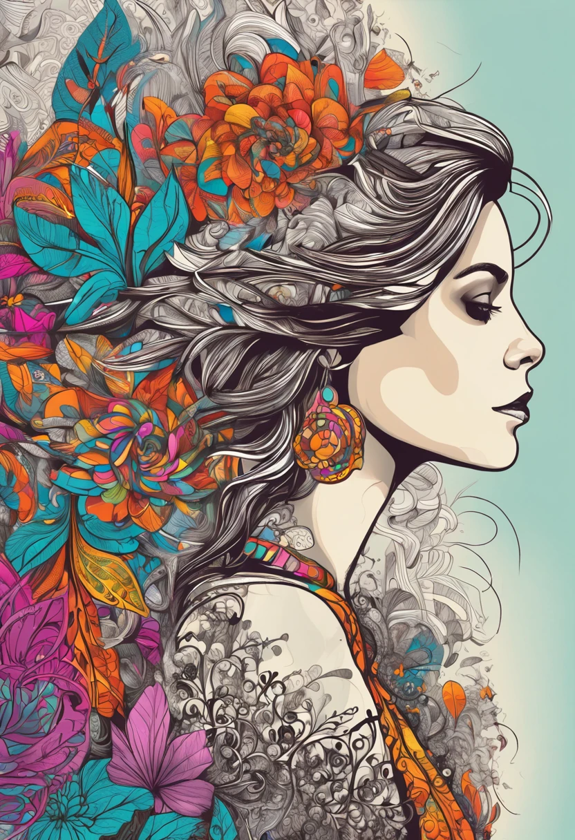 (1girl, solo, from side), extremely detailed, (abstract background, zentangle, fractal art:1.3), (many colors, colorful:1.1), (feathers, petals, flowers:1.3), dynamic pose, earrings