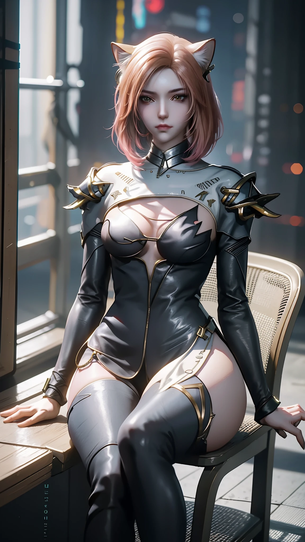 There is a woman sitting on a chair,Wearing a cat's costume, cyberpunk anime girl, female cyberpunk anime girl, cyber school girl, Cyberpunk 2 0 y. o model girl, dreamy cyberpunk girl, Digital cyberpunk anime art, muted cyberpunk style, Cyberpunk costumes, anime cyberpunk art, trending on cgstation, cyberpunk anime girl mech, cyberpunk anime art, cyberpunk femme fatale