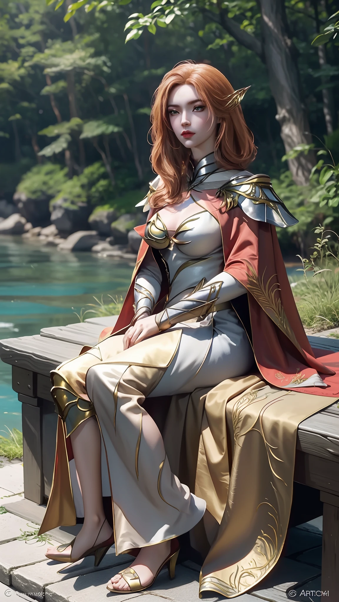 The Araved woman in a dress sits on a red bench by the water, a photorealistic painting inspired by Magali Villeneuve, cgsociety contest winner, Fantasy art, wearing gilded red robes, lady in red armor, wearing gilded red royal robes, Gorgeous Role Play, scarlet witch costume, wearing wizard robes, robe, aly fell and artgerm