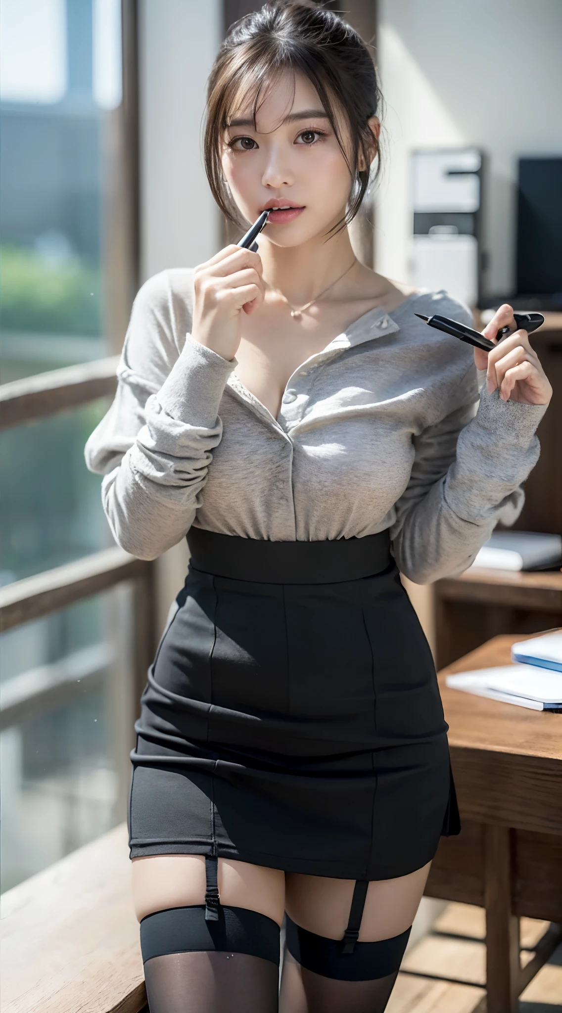 (in 8K、RAW shooting、top-quality、masuter piece:1.2)、ultra-detailliert、ultra res、(realisitic、rialistic photo:1.37)、portlate、high-definition RAW color photography、Professional Photography、highly detailed and beautiful、ighly detailed、8K Picture Wallpaper、amazing detailed、huge filesize、Official art、Highly detailed CG Unity 8K wallpapers、highly detailed beautiful girl、extra detailed face、extremely detailed eye、highlydetailed skin、extremely detailed fingers、highly detailed nose、very detailed detailed mouth、Perfect Anatomy、细致背景、Detailed clothing、女の子1人、(20:1.2)、in her 20s、Cute girl s、Realistic body、小柄、de pele branca、glistning skin、Slim body、A dark-haired、((short-hair))、((poneyTail))、(bluntbangs: 1.4)、kawaii faces、Lifelike face、Delicate eyes、Sauce order、((Stylish office))、((Officelady))、(((no-bra)))、(((White on black suitYThe shirt)))、((Black mini skirt))、((Black stockings))、((standing athletic pose))、((Cross legs))、((FULL BODYSHOT))、((Sexy Bose with ballpoint pen in mouth))、耳Nipple Ring、a necklace、Looking at the camera、cowboy shot、((front facing))、Contrapo、动态照明、((D cup with firmness))、