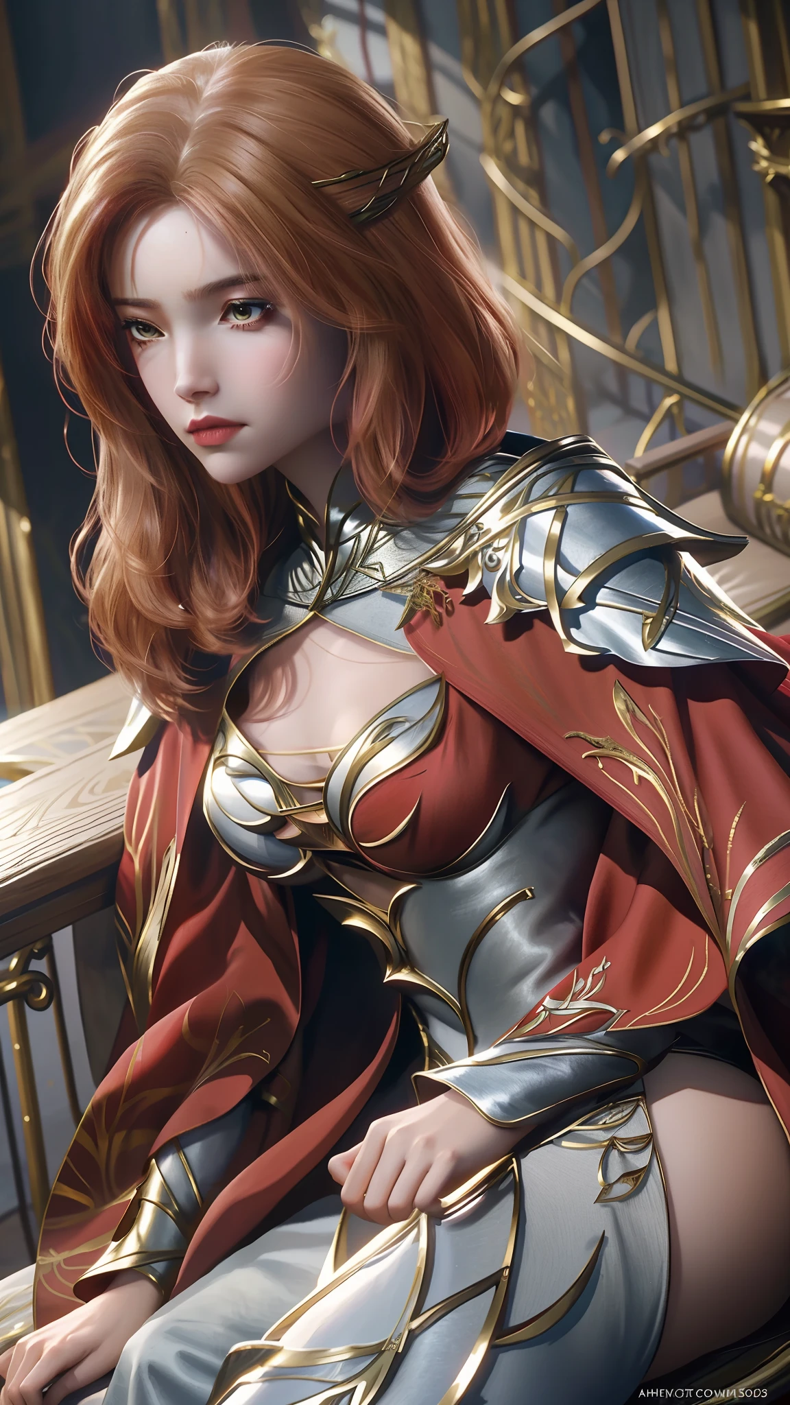 The Araved woman in a dress sits on a red bench by the water, a photorealistic painting inspired by Magali Villeneuve, cgsociety contest winner, Fantasy art, wearing gilded red robes, lady in red armor, wearing gilded red royal robes, Gorgeous Role Play, scarlet witch costume, wearing wizard robes, robe, aly fell and artgerm