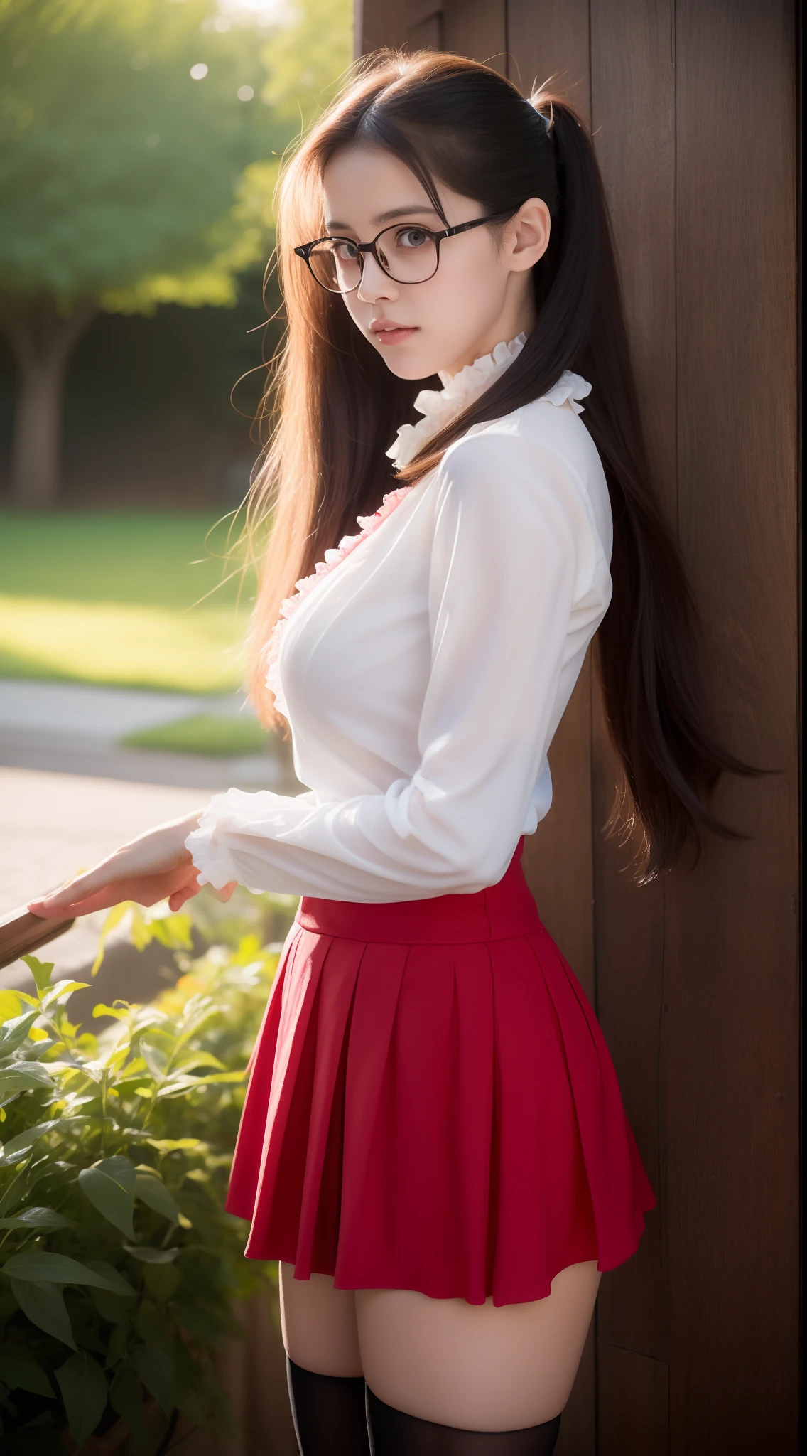 Beautiful young Margaret Qualley, glasses, white blouse, frilly skirt, dark tights, hyperrealistic, , model body, small breasts, beautiful breasts, long hair, ponytail, long legs, 8k, Oriental House, flower cherry tree, sunrise, dynamic lighting, found on the wall, sexual pose, penis in place of vagina