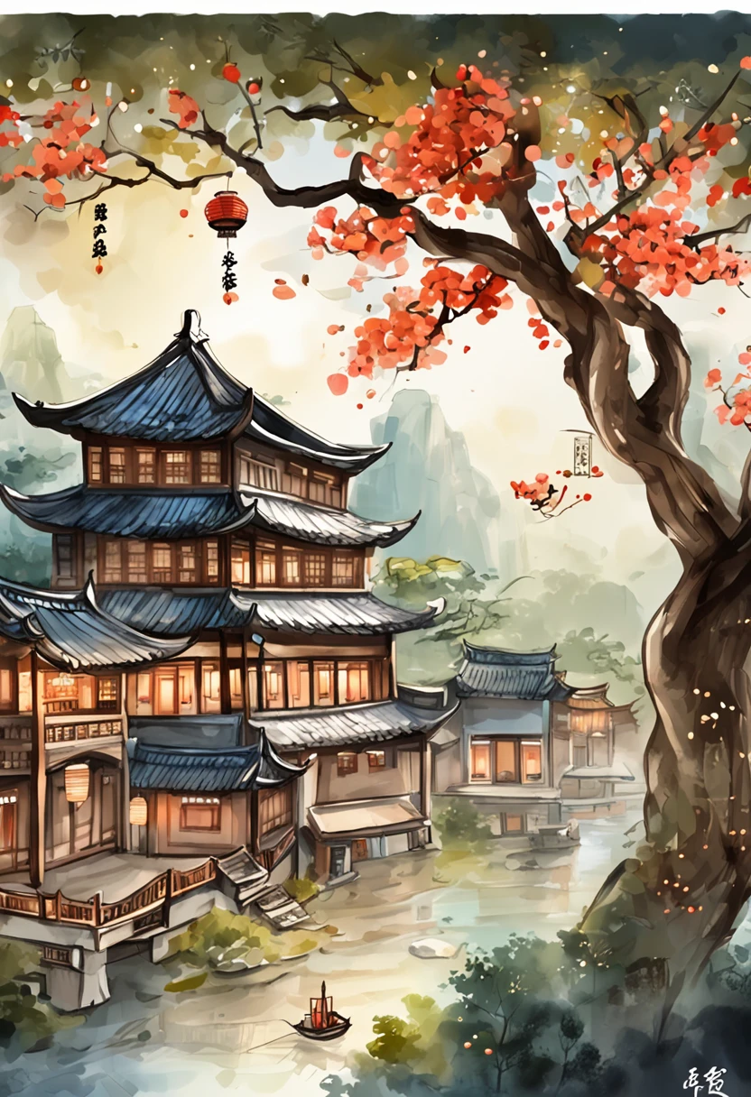 (Microlandscape:1.8,Faraway view,High viewing angle lens),Antique game scene design,A corner of the ancient town of Jiangnan,Black night sky,the night,starrysky,Lanterns,big trees,florals,Flowers in the bushes,Trees bloom,Sakura architecture,Antique carved door beams,Chinese ink painting OC rendering sculpture
