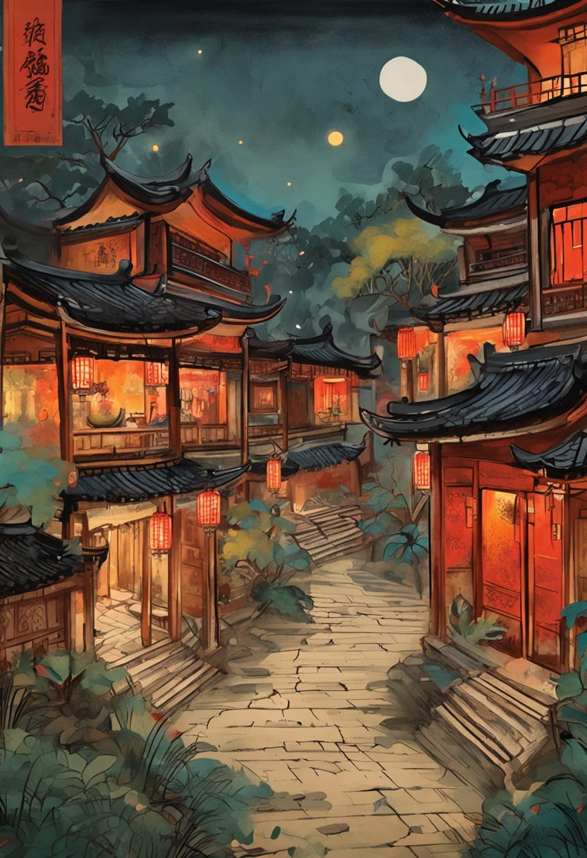 (Microlandscape:1.8,Faraway view,High viewing angle lens),Antique game scene design,A corner of the ancient town of Jiangnan,Black night sky,the night,starrysky,Lanterns,big trees,florals,Flowers in the bushes,Trees bloom,Sakura architecture,Antique carved door beams,Chinese ink painting OC rendering sculpture
