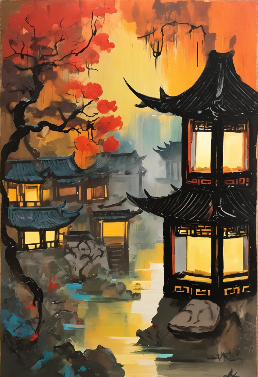 （Microlandscape：1.8，Faraway view，High viewing angle lens），Antique game scene design，A corner of the ancient town of Jiangnan，Black night sky，the night，starrysky，Lanterns，big trees，florals，Flowers in the bushes，Trees bloom，Sakura architecture，Antique carved door beams，Chinese ink painting OC rendering sculpture