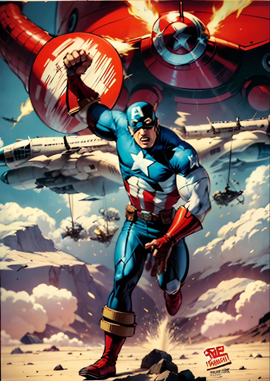 masterpiece, high detailed images, high detailed face, perfect face, a realistic drawing of Captain America holding the shield in his hand, a World War II plane diving behind him and firing with the machine guns, balas ricocheteando no escudo, bullets hitting the chao and kicking up dust, ORIGINAL CLASSIC CAPTAIN'S UNIFORM comic book drawing, Desenho de quadrinhos da Marvel, inspirado por Gary Frank, comic drawing, inspirado em Jack Kirby, inspirado em Neal Adams, Captain America, inspirado em Wally Wood, comic shading, Estilo arzach de quadrinhos, inspirado em Alex Toth, inspirado em Milton Caniff 8k