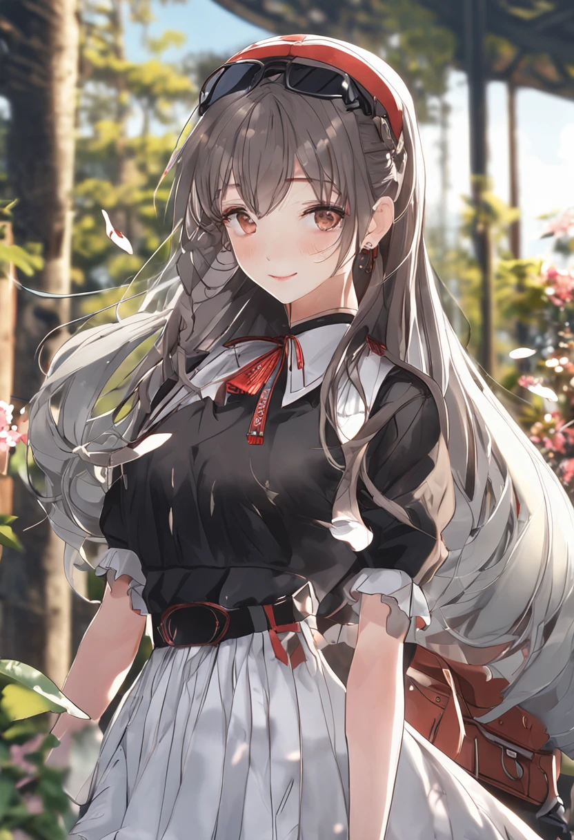 ((Best Quality, 8K, Masterpiece: 1.3)), Focus: 1.2, High School Girl, Motorcycle Pilot, Perfect S-Shaped Body, (Firm Eyes) (Cute), Delicate Face, Long Hair Waist Length, Long Hair Flowing, Head Tilted, Smile, Hair Details, Delicate Full Body Portrayal, Delicate Face Portrayal, Best Image Quality, High Resolution, Detailed Background, Delicate Characterization, Delicate Details, Rich Details, Face Enhancement, (Black Short Top, Floral Midi Skirt), Blue Sky and White Clouds, Sitting Among the Flowers, Wooden House, There are no bags under the eyes