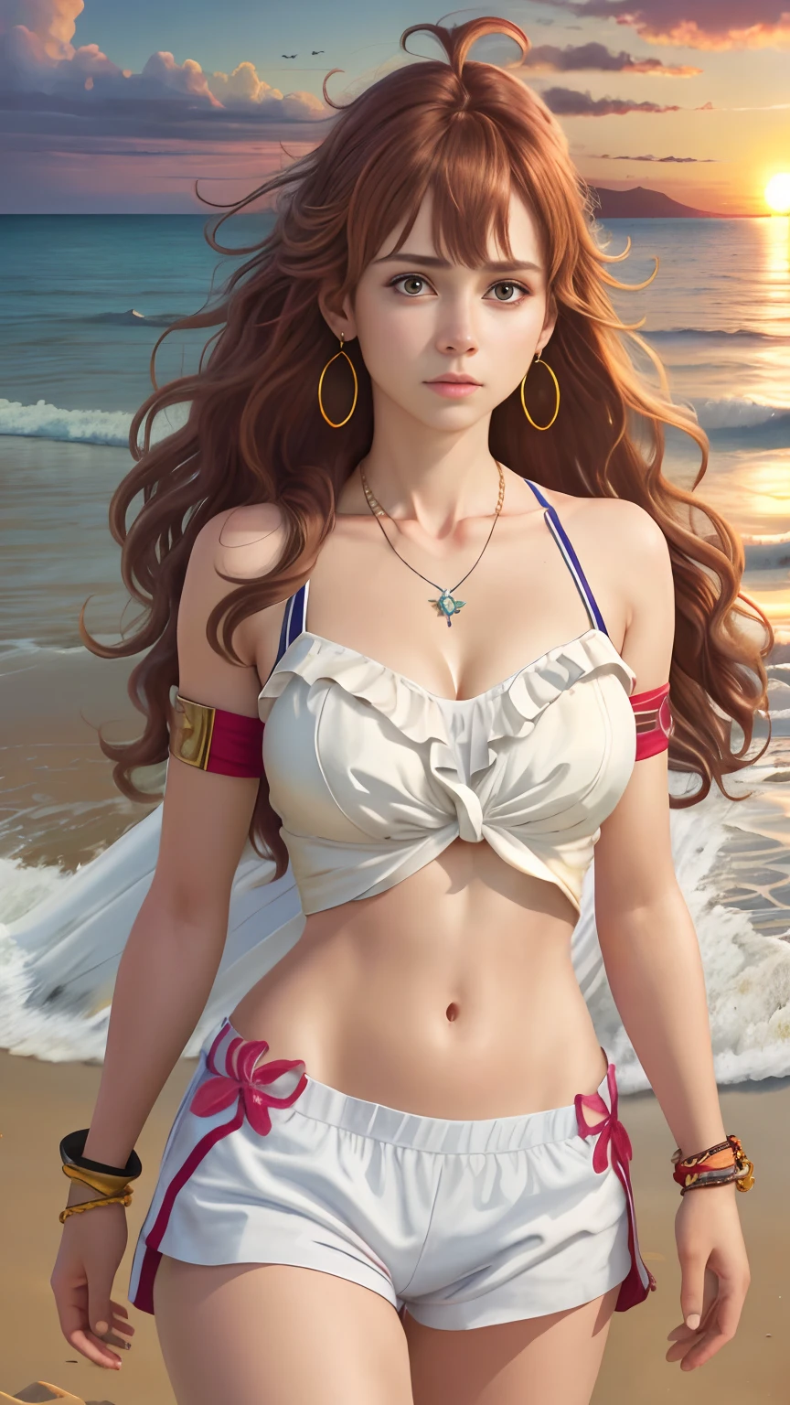 8yk,raw photo,(masterpiece), (best quality), highres,(1girl),(realistic, photo-realistic:1.2),ultra detailed, physically-based rendering,necklace, earrings, air bangs, hair ornament,sunset, collarbone,wristband,navel,long hair,brown hair,ahoge,1girl,middle breasts,beach,wavy hair,thin,