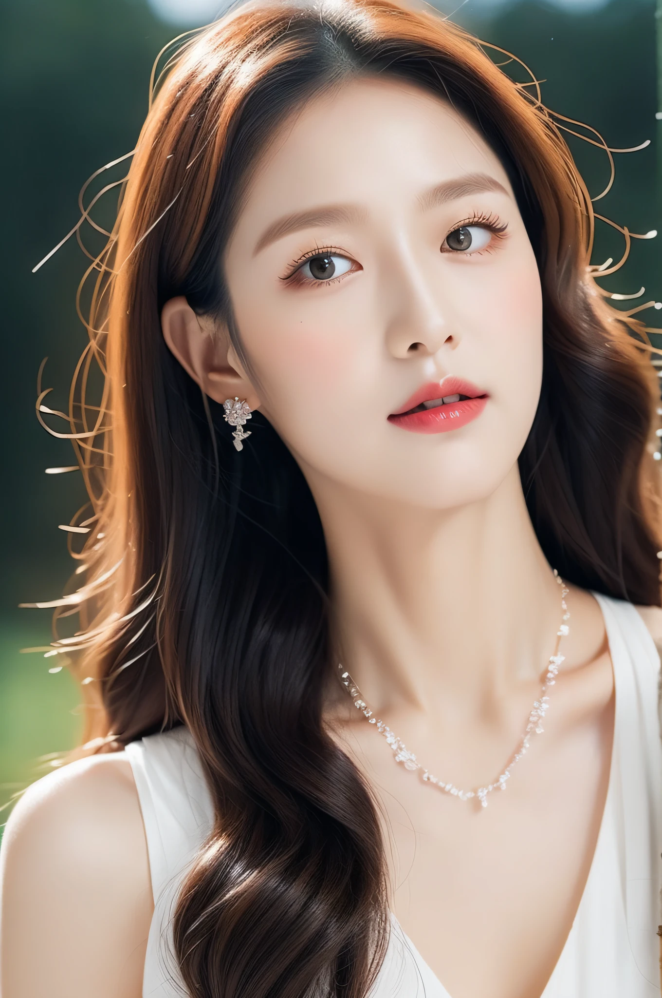 a close up of a woman with a necklace on her neck, wan adorable korean face, korean face features, beautiful aesthetic face, with cute doting eyes, popular south korean makeup, young adorable korean face, lovely delicate face, young cute wan asian face, with round face, CG unity (extreme) detail 8k wallpaper, masterpiece, best quality:1.2), High detail, Best image quality, surreal, lipsticks, Peerless beauty, long hair (violet) curly hair, Exquisite and perfect facial features, Be red in the face, body stunning figure, medium breasts, stylish, slim waist, very detailed facial and skin structure, Fair skin, harmonious facial details, fair skin, Double eyelids, a ponytail and a white dress, cute round slanted eyes, cute natural face, round and well-drawn eyes, clear cute face, realistic beautiful big eyes, glittery eyes, soulful eyes, pretty eyes, Double eyelids, soft makeup, Get close to the viewer, camera angle, dynamic angle, sunset on city