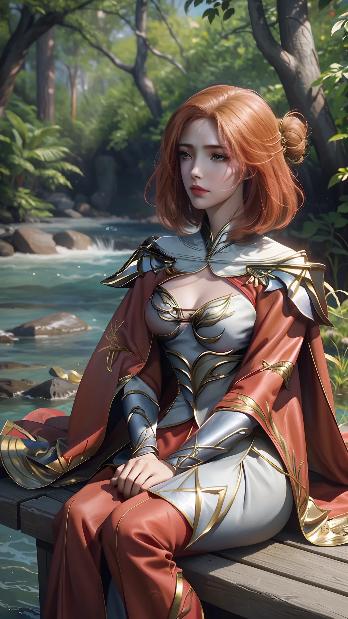 The Araved woman in a dress sits on a red bench by the water, a photorealistic painting inspired by Magali Villeneuve, cgsociety contest winner, Fantasy art, wearing gilded red robes, lady in red armor, wearing gilded red royal robes, Gorgeous Role Play, scarlet witch costume, wearing wizard robes, robe, aly fell and artgerm