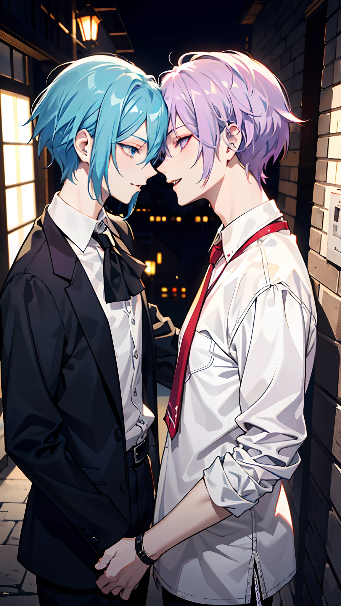 ​masterpiece, top-quality, 2Others, Male couple, 1 man and 1,, Adults, Height difference, different fashion, different color, finely eye and detailed face, intricate detailes, Casual clothing, Oversized shirt, Modern urban streets, A smile, Happiness, tenderness, queers, high-level image quality、 Two beautiful men、tall、The upper part of the body、nightfall、nighttime scene、𝓡𝓸𝓶𝓪𝓷𝓽𝓲𝓬、Two Men Kissing, Korean Male, Idol Photos, k pop, Professional Photos, Vampires, Korean fashion in black and white, Fedoman with necklace, inspired by Sim Sa-jeong, androgynous vampire, :9 detailed face: 8, extra detailed face, detailed punk hair, ((eyes are brown)) baggy eyes, Seductive. Highly detailed, semi realistic anime, Vampires, hyperrealistic teen, delicate androgynous prince, imvu, short hair above the ears, Man with short hair, Purple-haired man with a glaring expression and a man with light blue hair with a gentle expression, With a short-haired man with bright purple hair, Man with light blue hair, kiss together, Kissing each other,