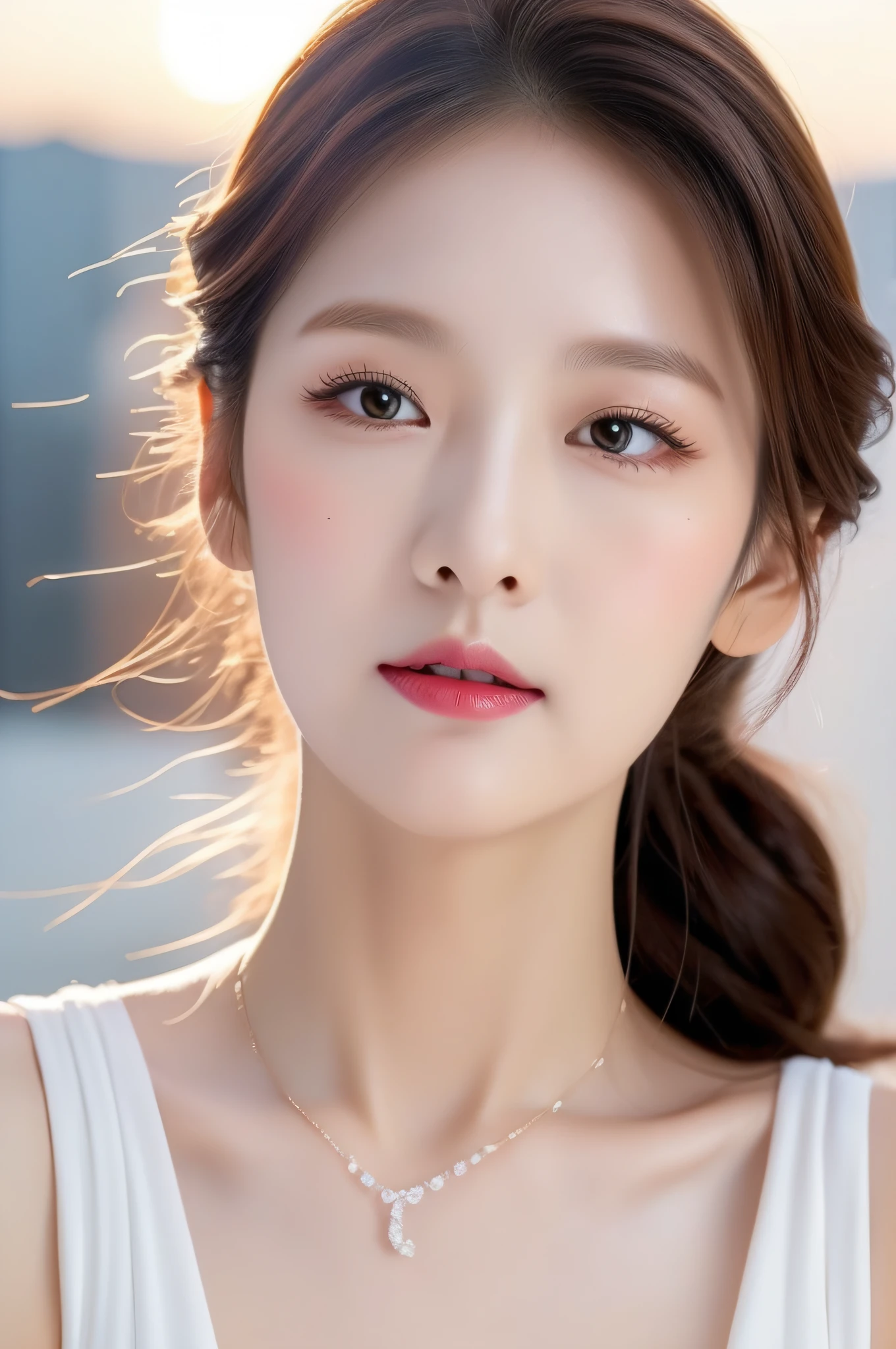 Realistic photos of (1 cute Korean star) single braid, thin makeup, 32 inch breasts size, wearing black camisole, sitting in the ice-cream shop, upper body portrait, cinematic lightning, UHD