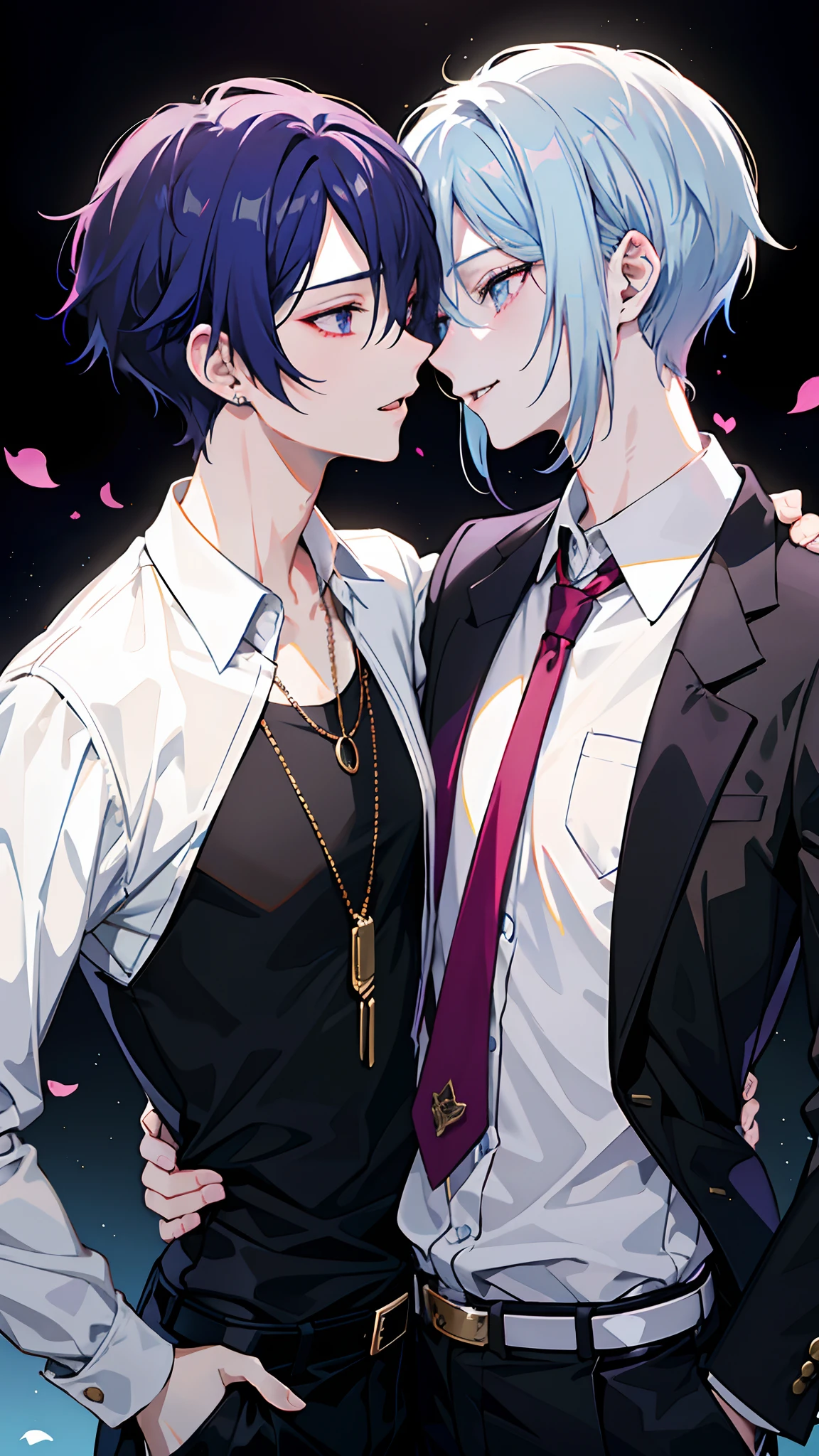 masterpiece, top-quality, 2Others, Male couple, 1 man and 1,, Adults, Height difference, different fashion, different color, finely eye and detailed face, intricate detailes, Casual clothing, Oversized shirt, Modern urban streets, A smile, Happiness, tenderness, queers, high-level image quality、 Two beautiful men、tall、The upper part of the body、nightfall、nighttime scene、𝓡𝓸𝓶𝓪𝓷𝓽𝓲𝓬、Two Men Kissing, Korean Male, Idol Photos, k pop, Professional Photos, Vampires, Korean fashion in black and white, Fedoman with necklace, inspired by Sim Sa-jeong, androgynous vampire, :9 detailed face: 8, extra detailed face, detailed punk hair, ((eyes are brown)) baggy eyes, Seductive. Highly detailed, semi realistic anime, Vampires, hyperrealistic teen, delicate androgynous prince, imvu, short hair above the ears, Man with short hair, Purple-haired man with a glaring expression and a man with light blue hair with a gentle expression, With a short-haired man with bright purple hair, Man with light blue hair, kiss together, Kissing each other,