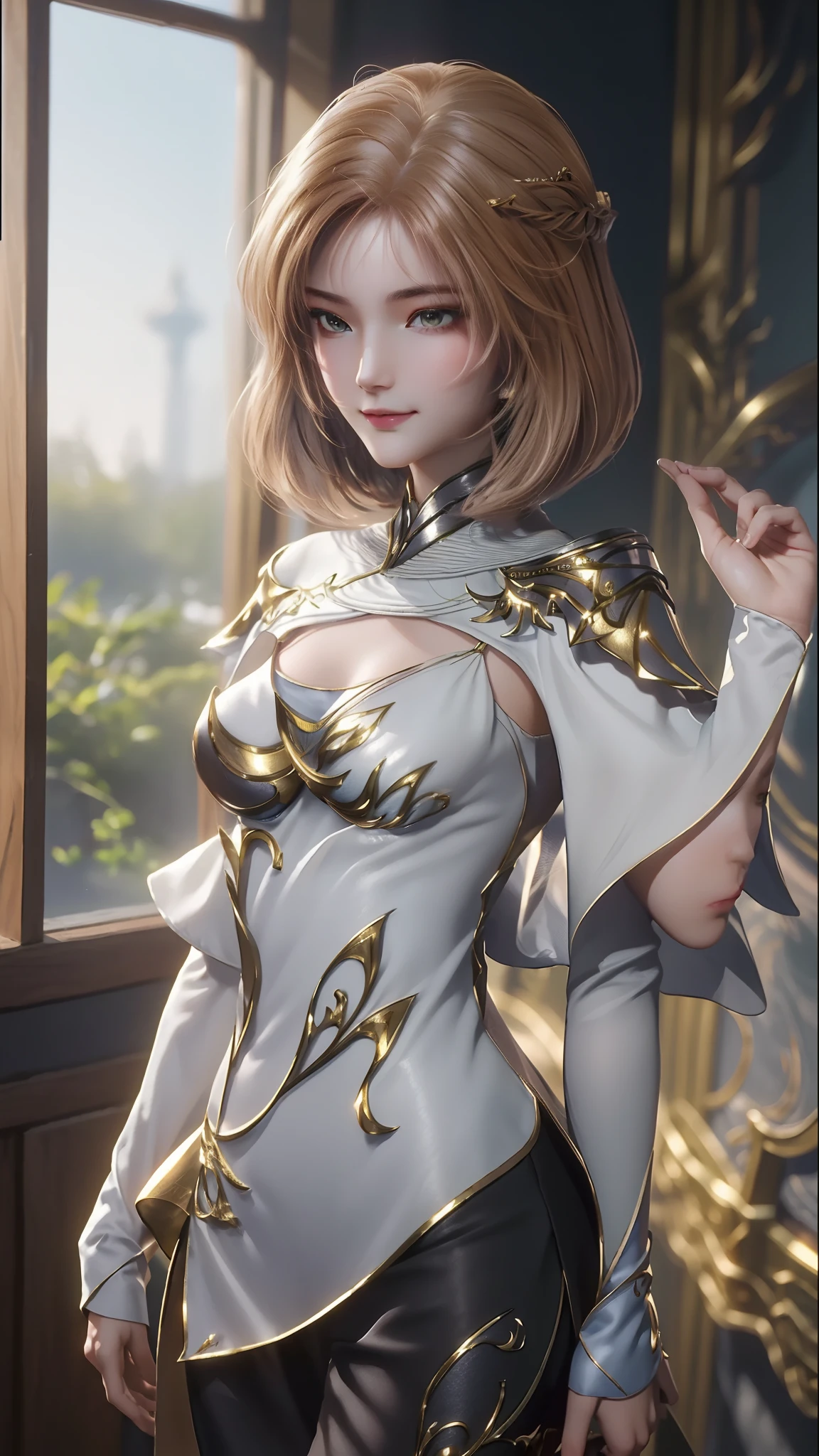 ((Best Picture Quality, 8k, tmasterpiece:1.3)), 1girl, Beautiful woman with slender abs:1.3, (Casual hairstyle), Princess dress:1.1, Ultra-fine face, A detailed eye, 二重まぶた，ssmile，Home