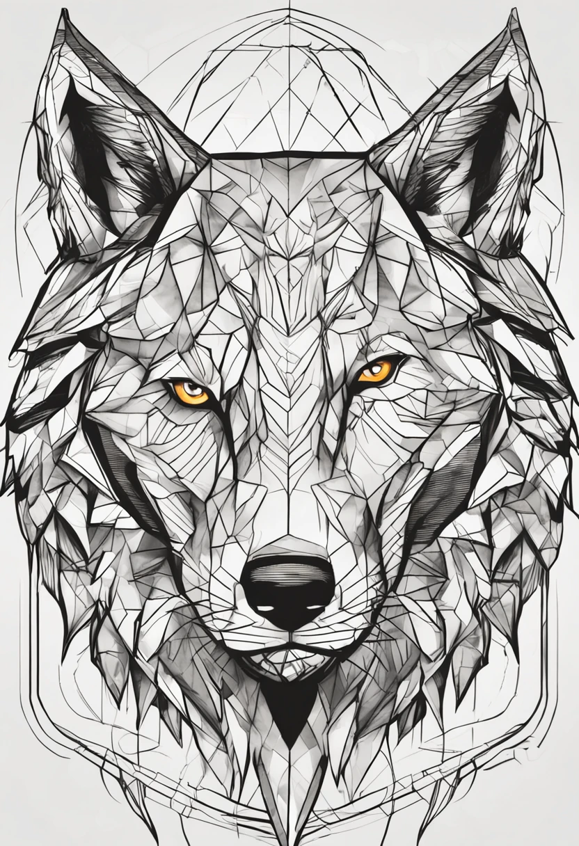 geometric wolf with psi sign on his forehead, with a serious and fierce expression in black and white realistic style