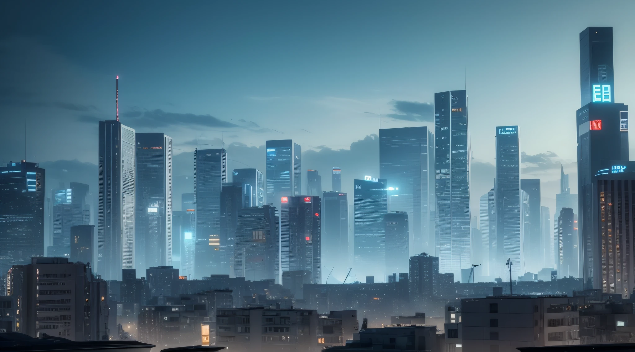 The lens is heavy from bottom to top,The main colors are blue and white,In the distance there is a cyberpunk city from a science fiction movie,Wasteland,Empty Street,the night,High-rise buildings,Bridges,Irregular,electrical wires,iintricate,ultra - detailed,realisticlying,Ultra photo realsisim,high qulity,optimum, super detailing, insanely details, The is very detailed, Foto realism, Epic composition,best qualtiy,32K --v 6