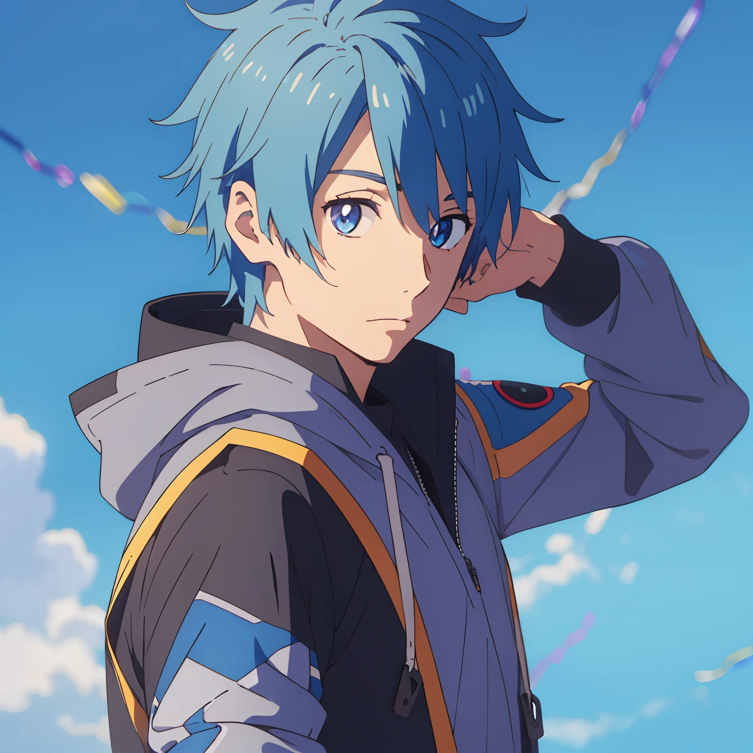 Anime male character blue-haired,Sky blue background,Blue pupil,The eyes are full of confidence