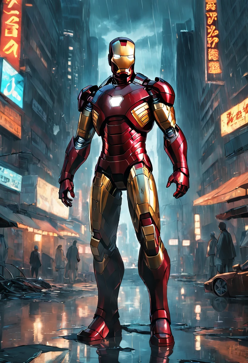 photo of Iron Man from Marvel standing outside the city 17, rainy, rtx, octane, unreal